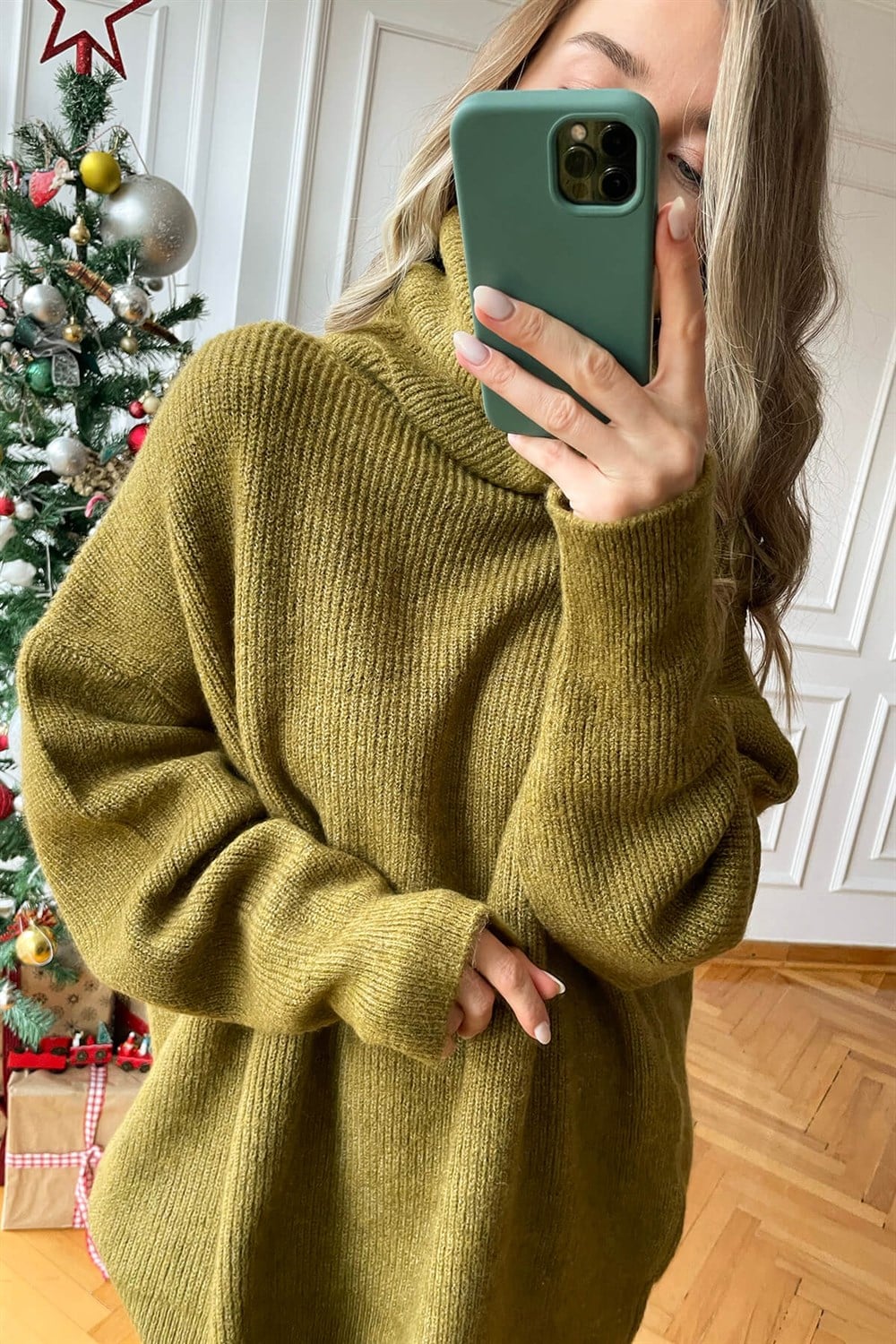 Yağ Yeşili Balıkçı Yaka Oversize Kazak