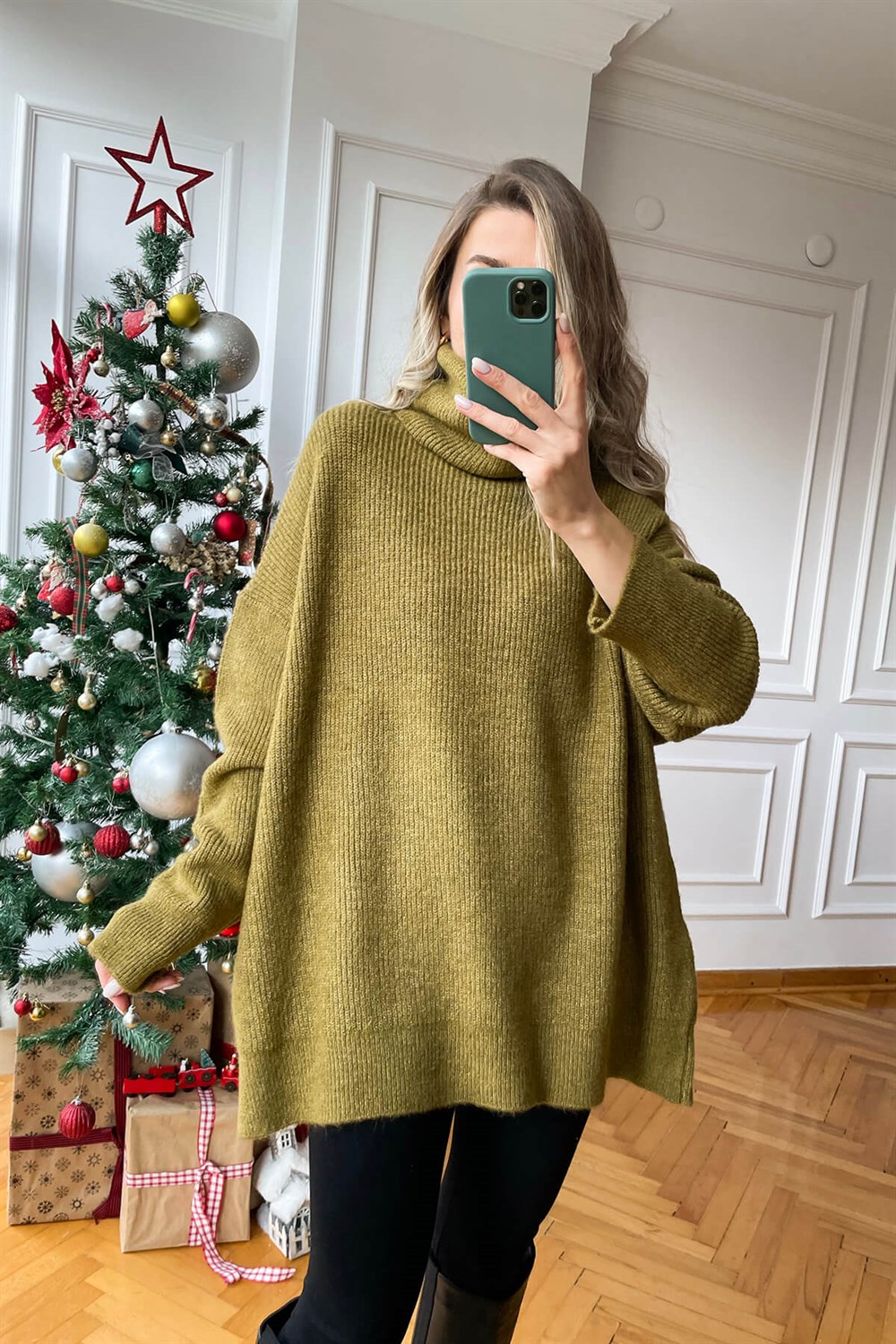 Yağ Yeşili Balıkçı Yaka Oversize Kazak
