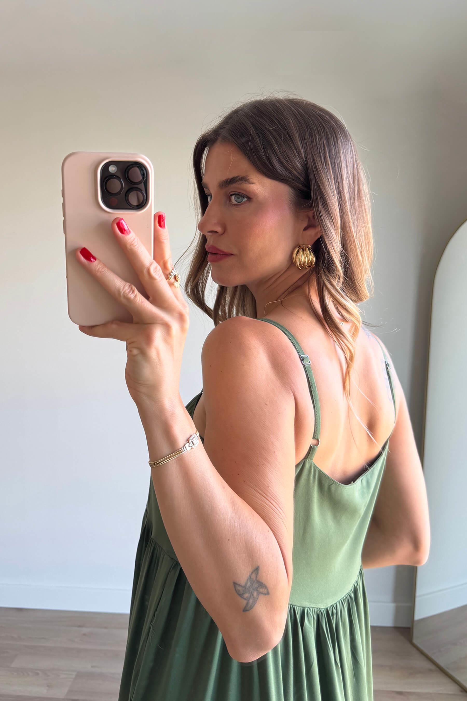 Yeşil Askılı Kare Yaka Parçalı Maxi Elbise