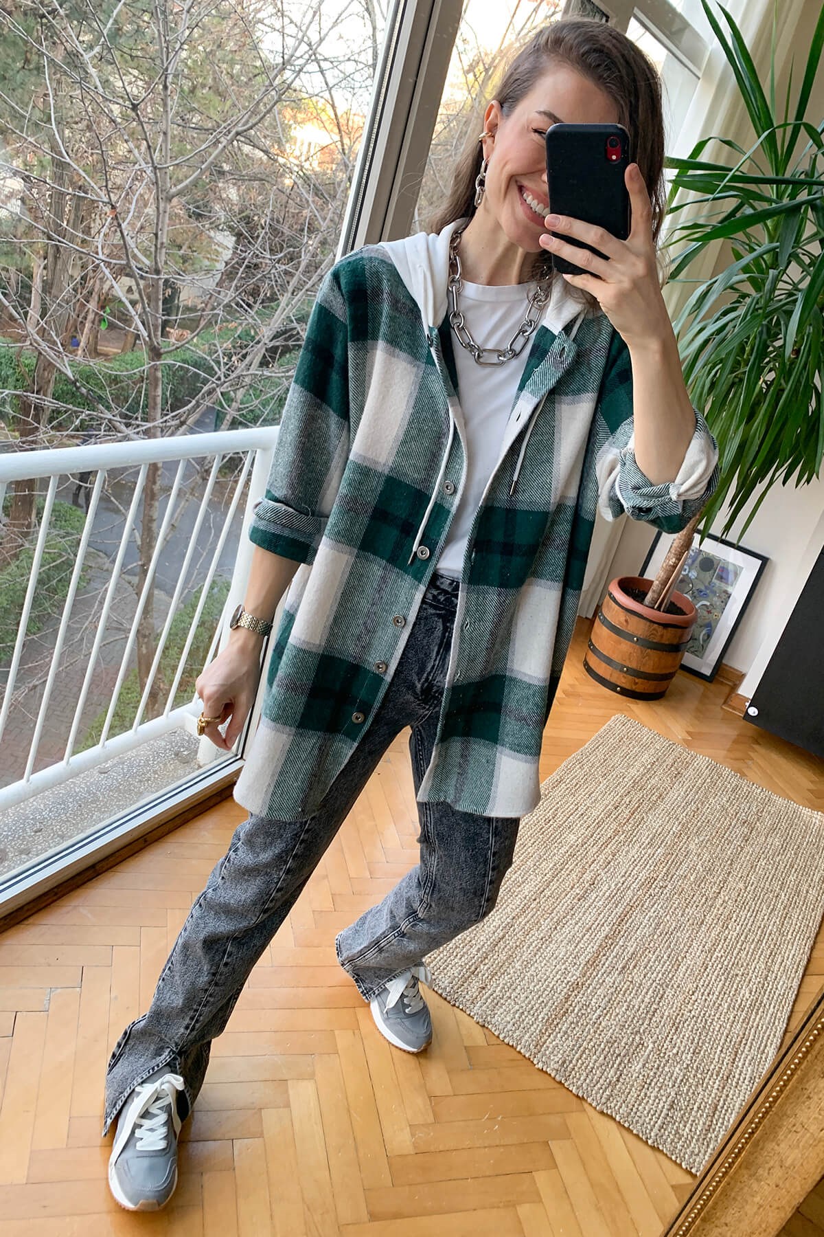 Yeşil Ekoseli Kapşonlu Oduncu Gömleği