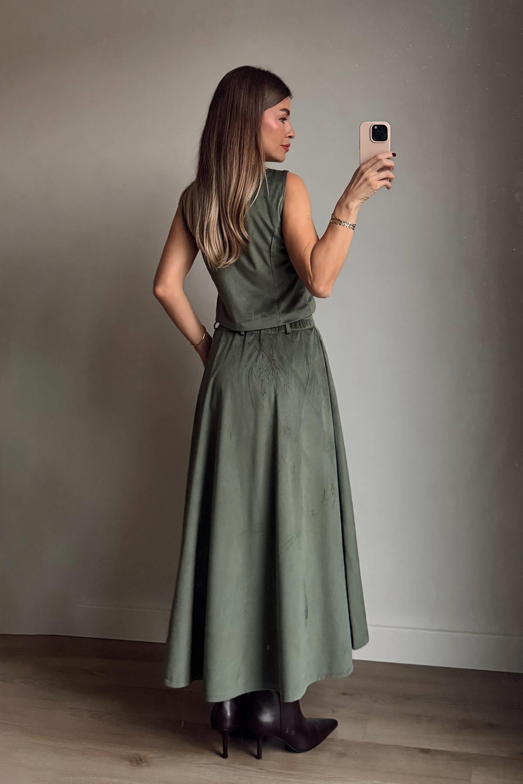 Yeşil İnce Fitilli Yelek Etek Kadife Takım