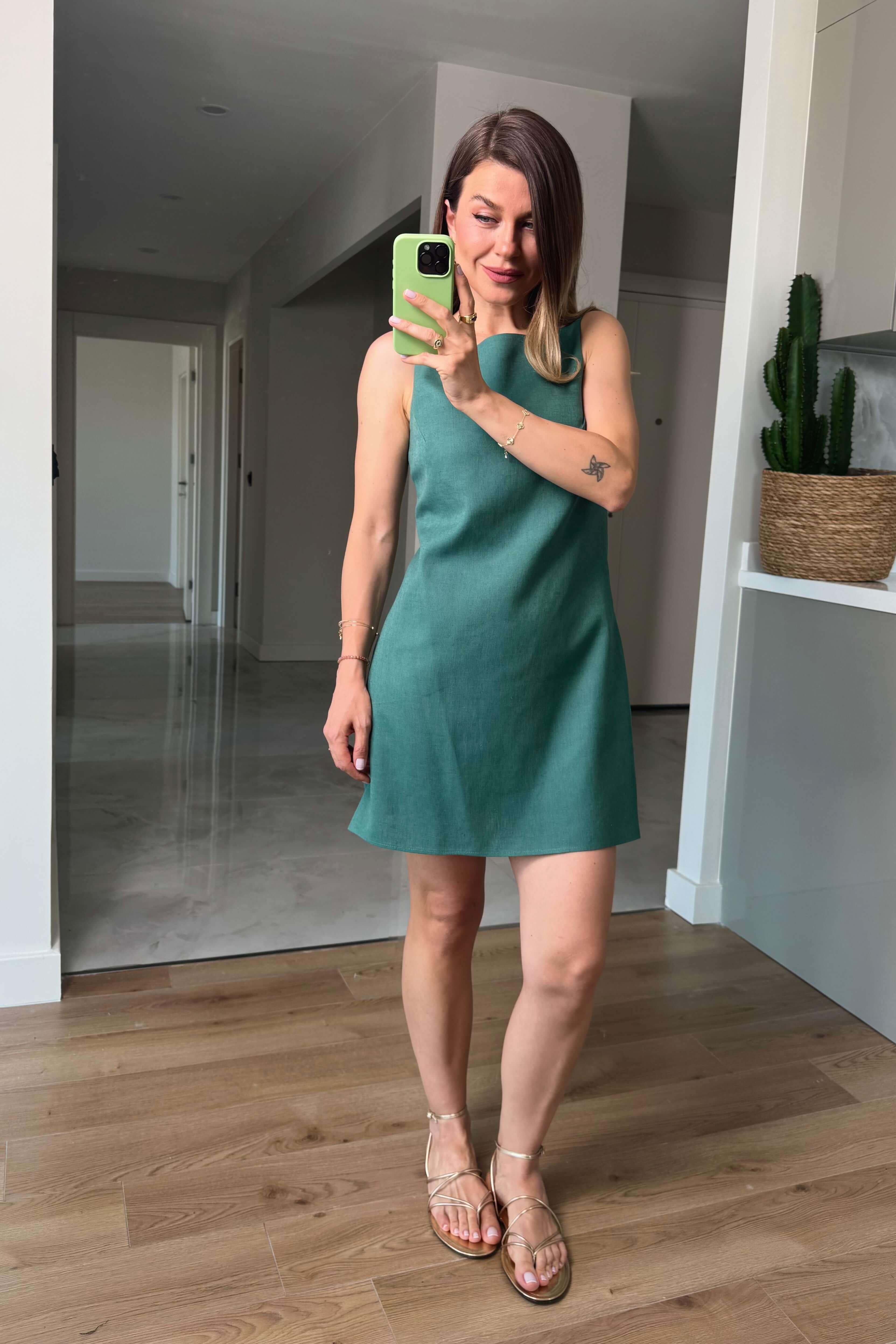 Yeşil Kare Yaka Askılı Astarlı Premium Keten Elbise