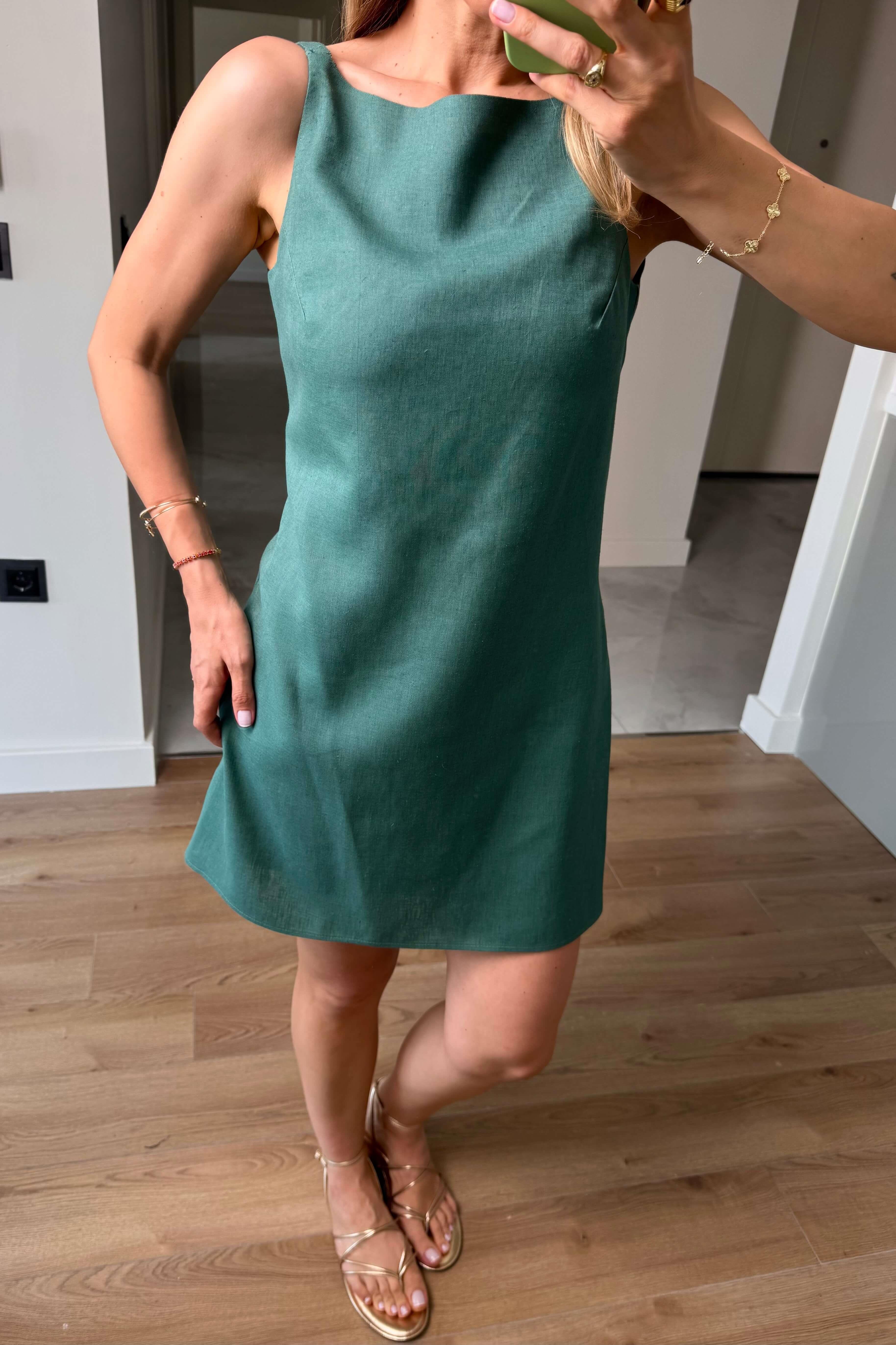 Yeşil Kare Yaka Askılı Astarlı Premium Keten Elbise