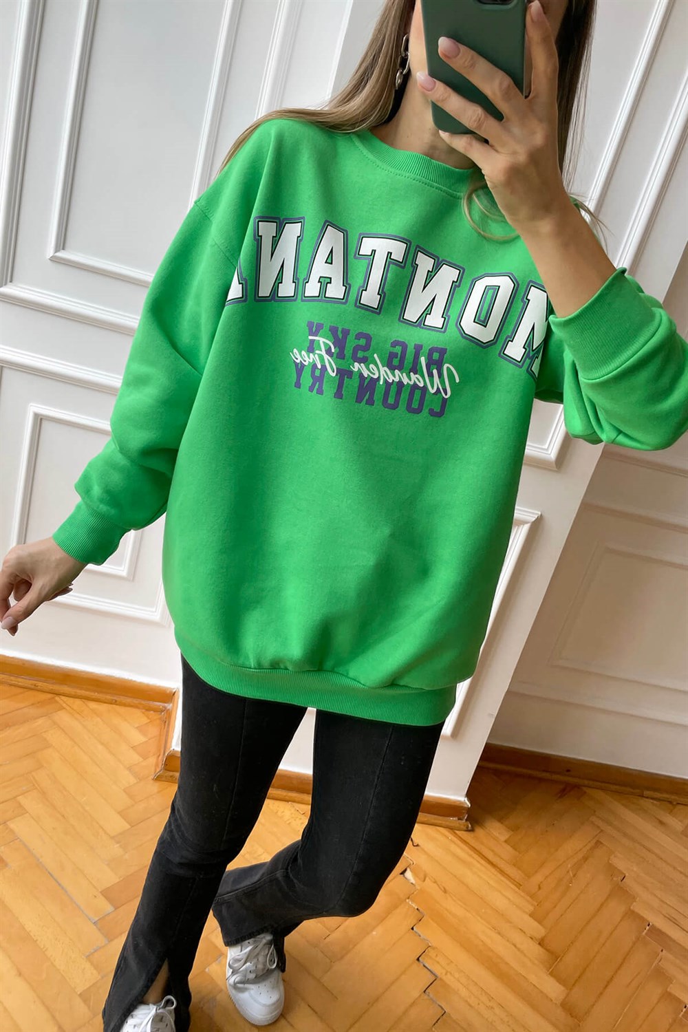 Yeşil Montana Baskılı İnce Şardonlu Sweatshirt