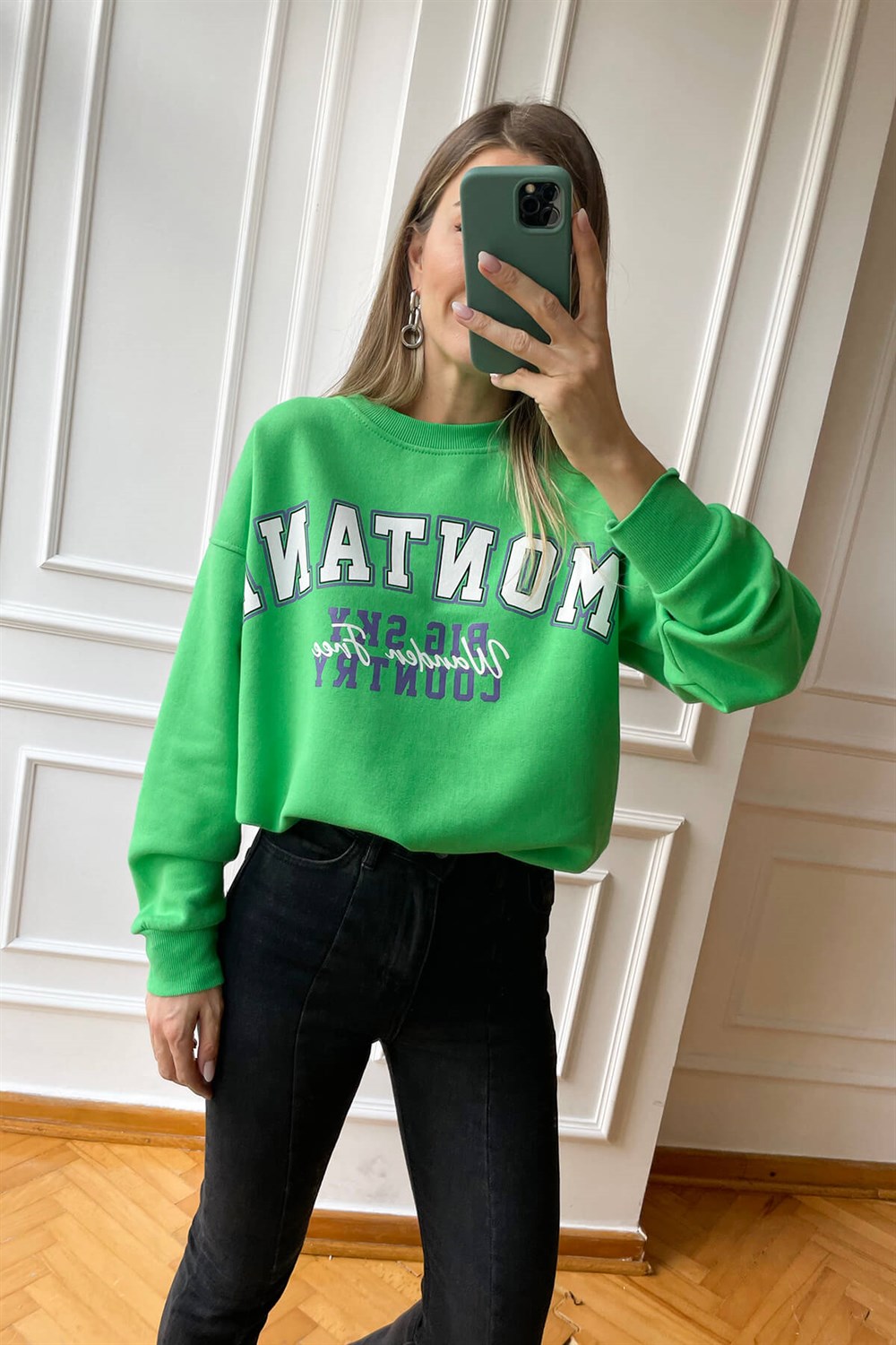 Yeşil Montana Baskılı İnce Şardonlu Sweatshirt