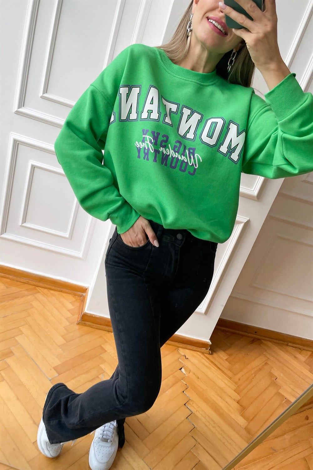 Yeşil Montana Baskılı İnce Şardonlu Sweatshirt