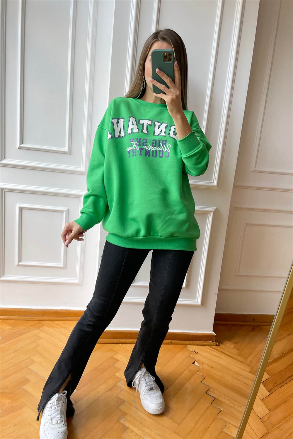 Yeşil Montana Baskılı İnce Şardonlu Sweatshirt
