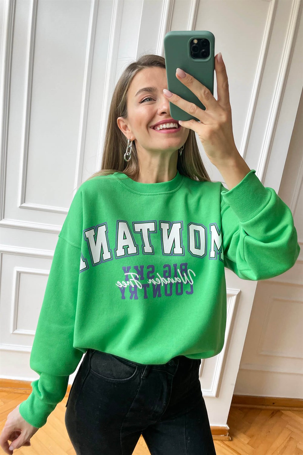 Yeşil Montana Baskılı İnce Şardonlu Sweatshirt