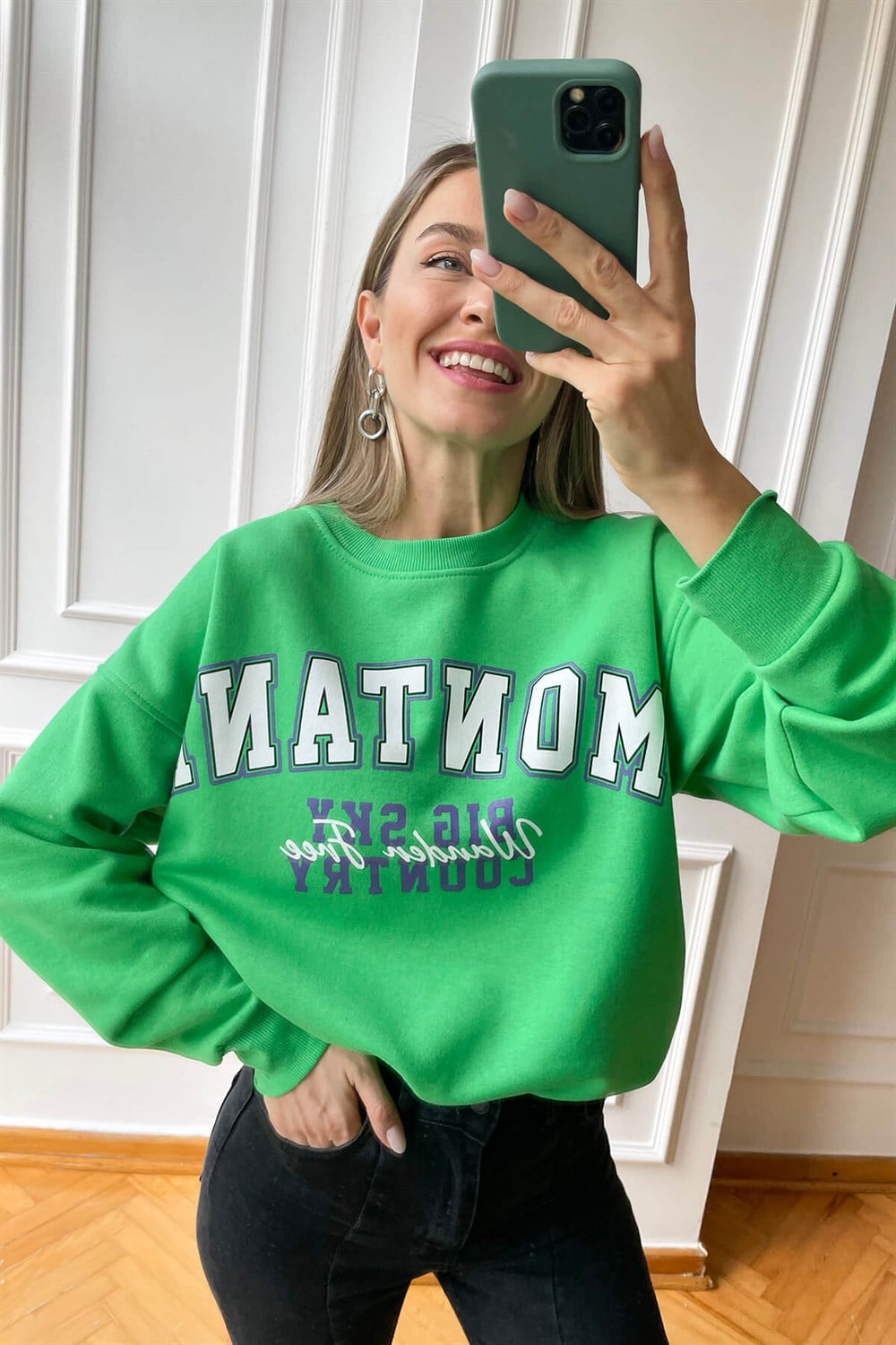 Yeşil Montana Baskılı İnce Şardonlu Sweatshirt