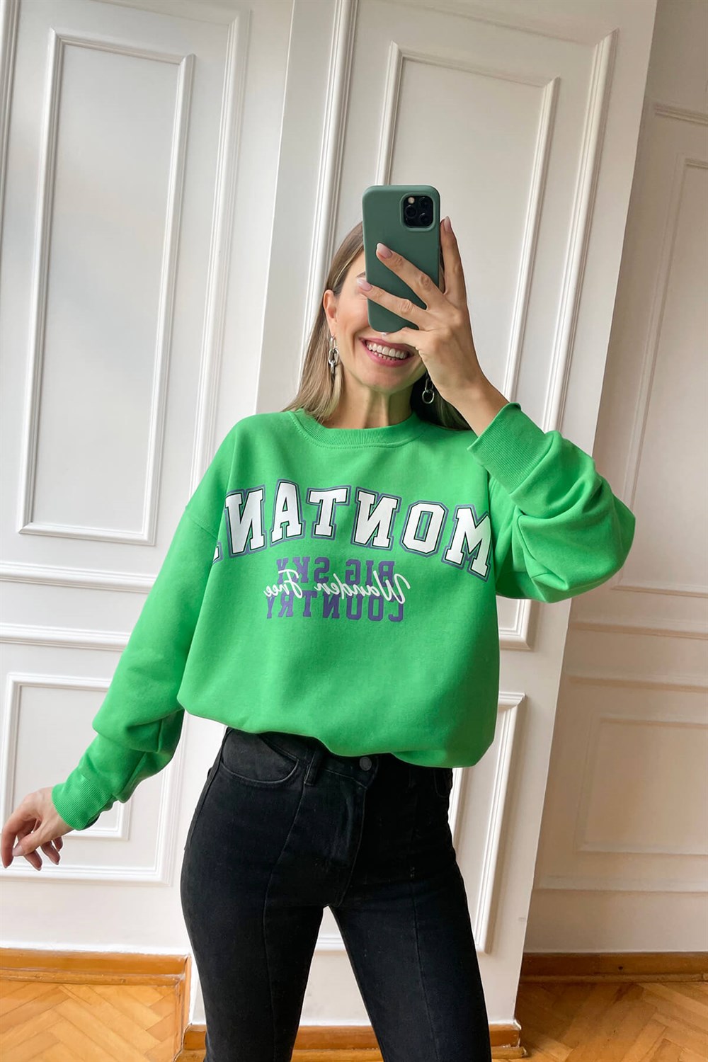 Yeşil Montana Baskılı İnce Şardonlu Sweatshirt