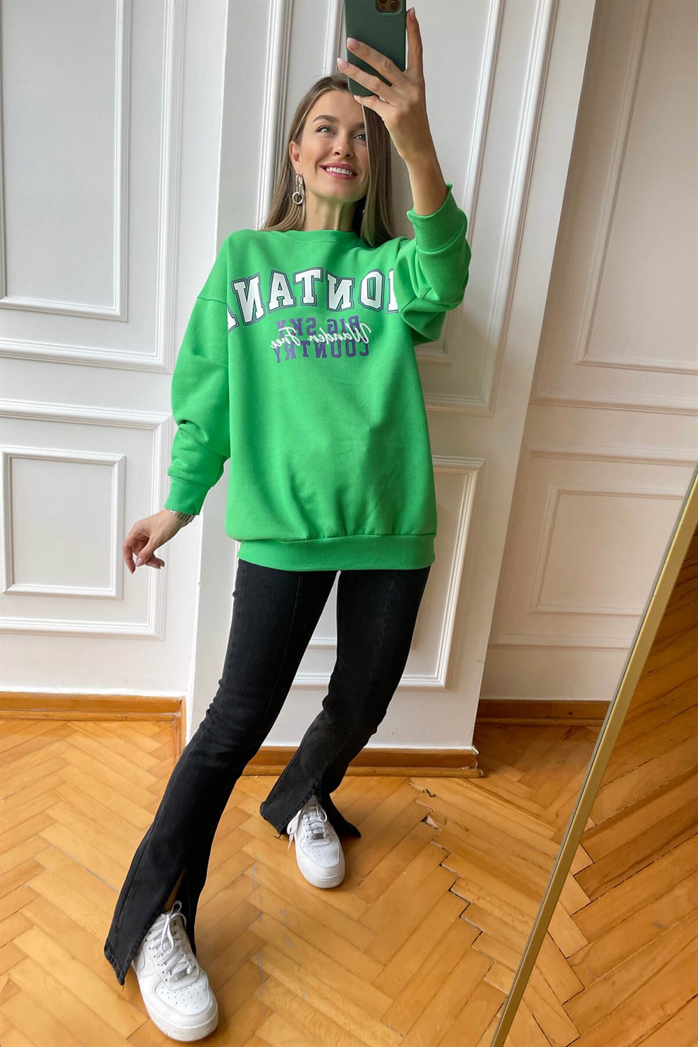 Yeşil Montana Baskılı İnce Şardonlu Sweatshirt