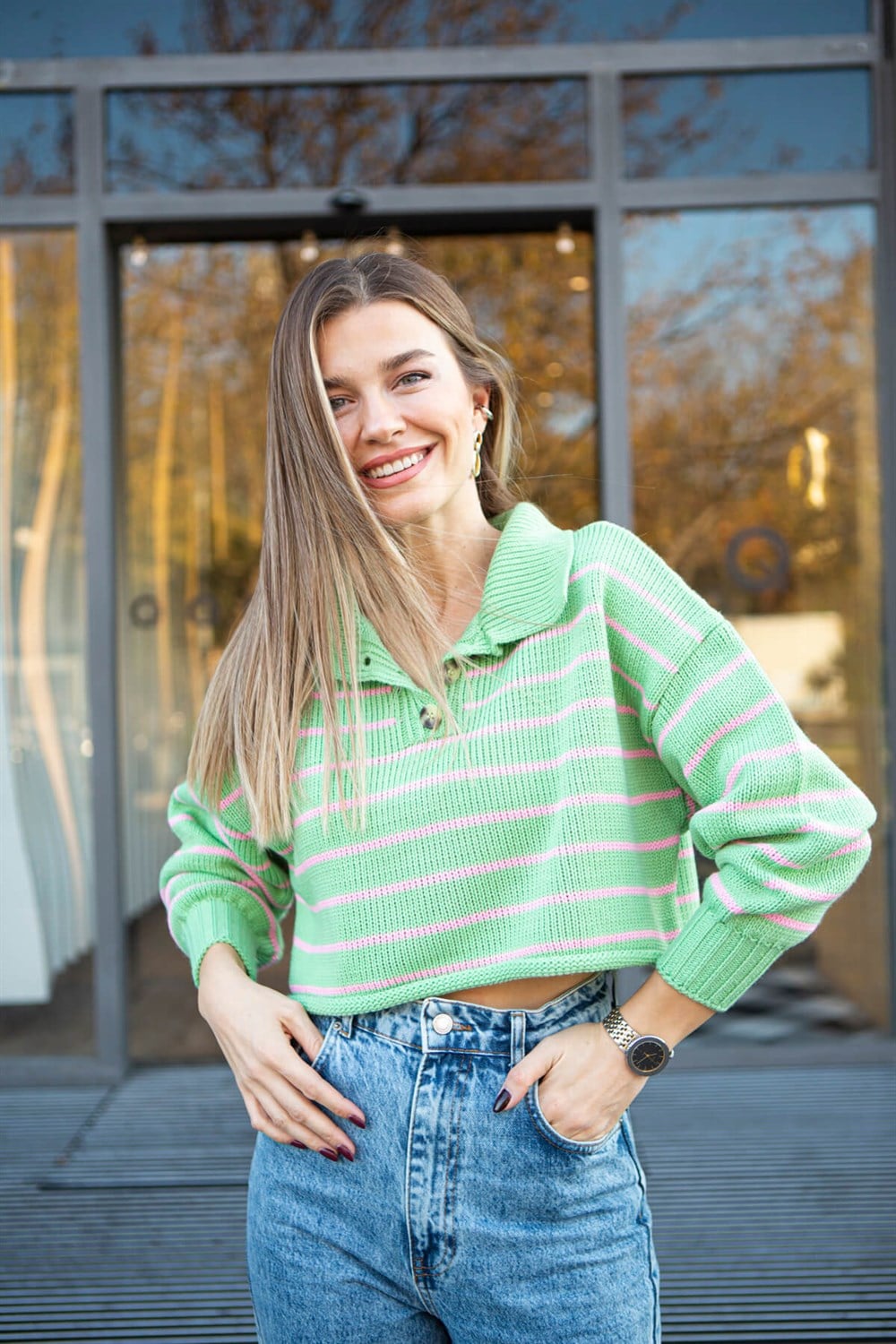 Yeşil Pembe Polo Yaka Çizgili Crop Kazak