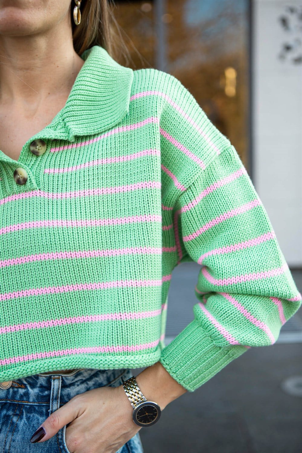 Yeşil Pembe Polo Yaka Çizgili Crop Kazak