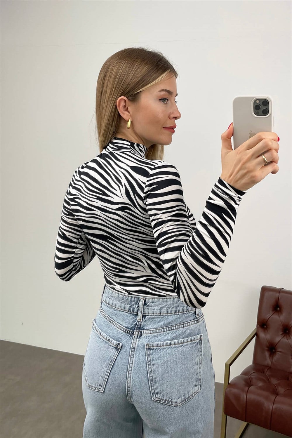 Zebra Desen Balıkçı Yaka Bluz