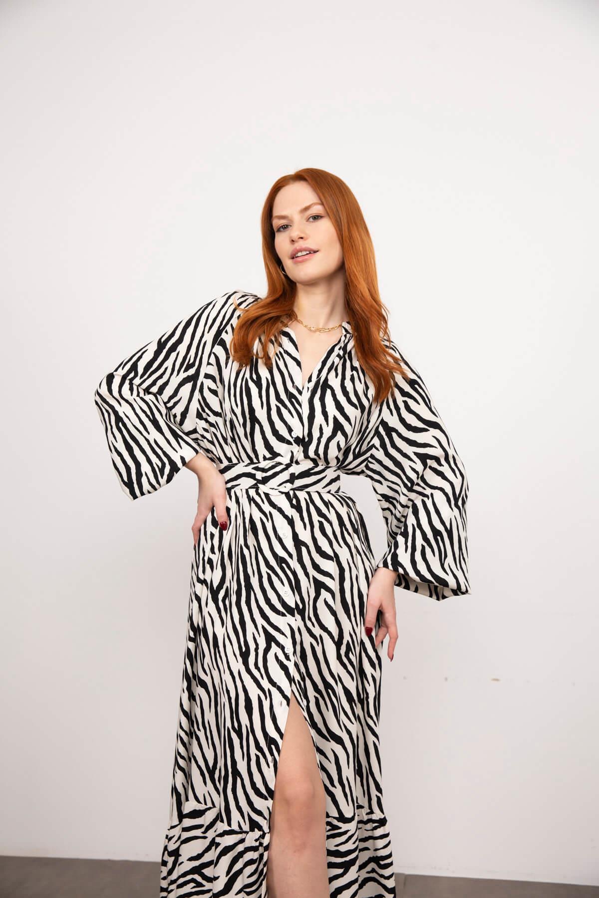 Zebra Desen Kuşaklı Fırfırlı Elbise