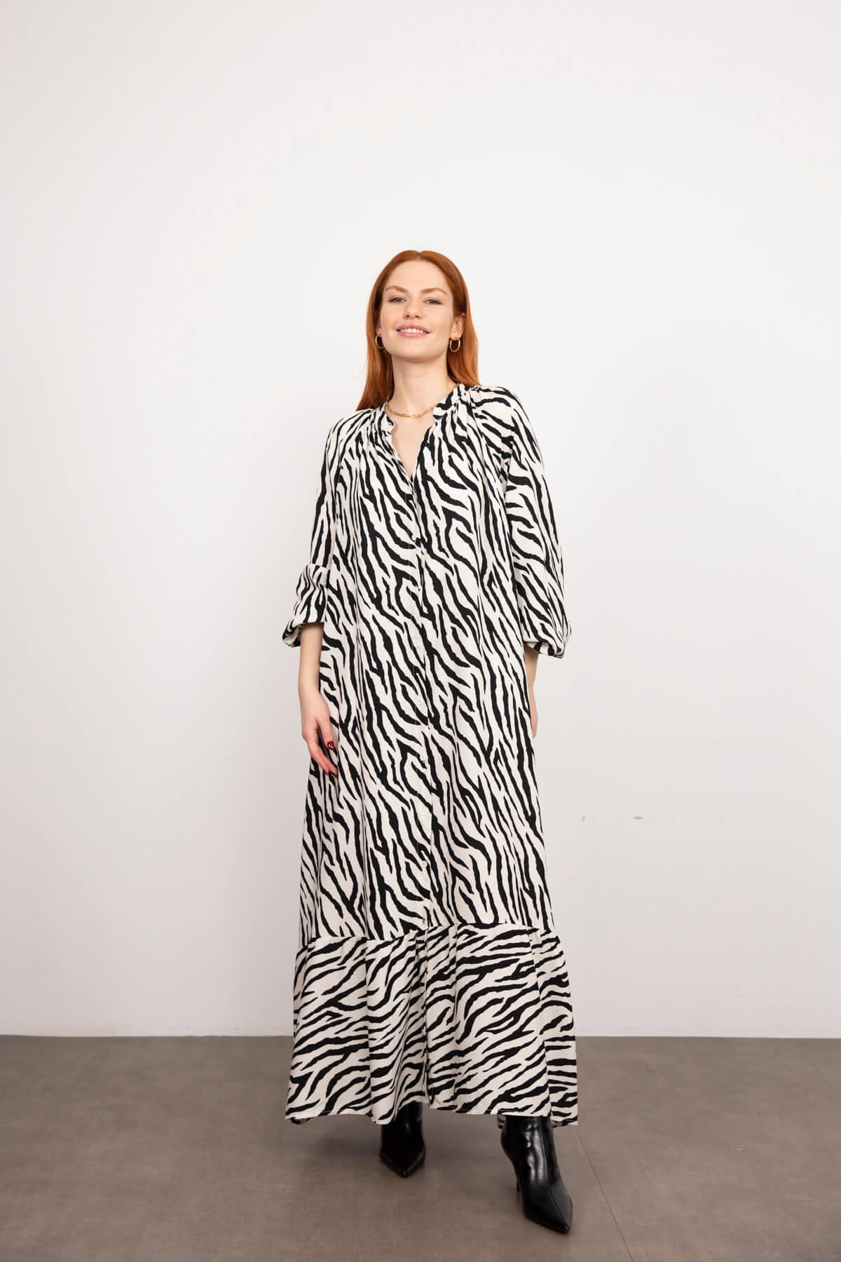 Zebra Desen Kuşaklı Fırfırlı Elbise