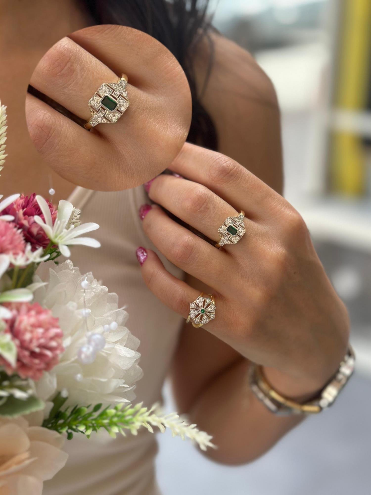 Doğal Taş Baget Yüzük ( Kök Zümrüt )