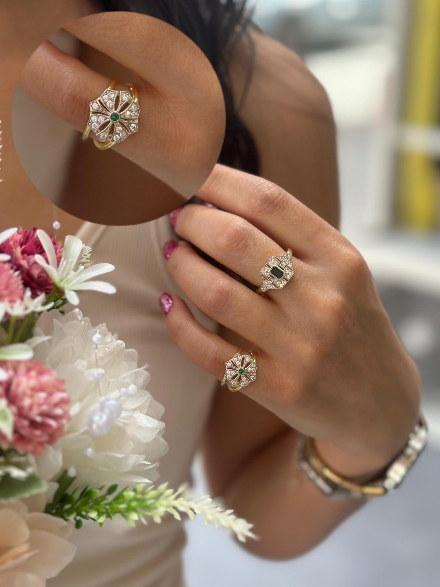 Doğal Taş Çiçek Yüzük ( Kök Zümrüt )