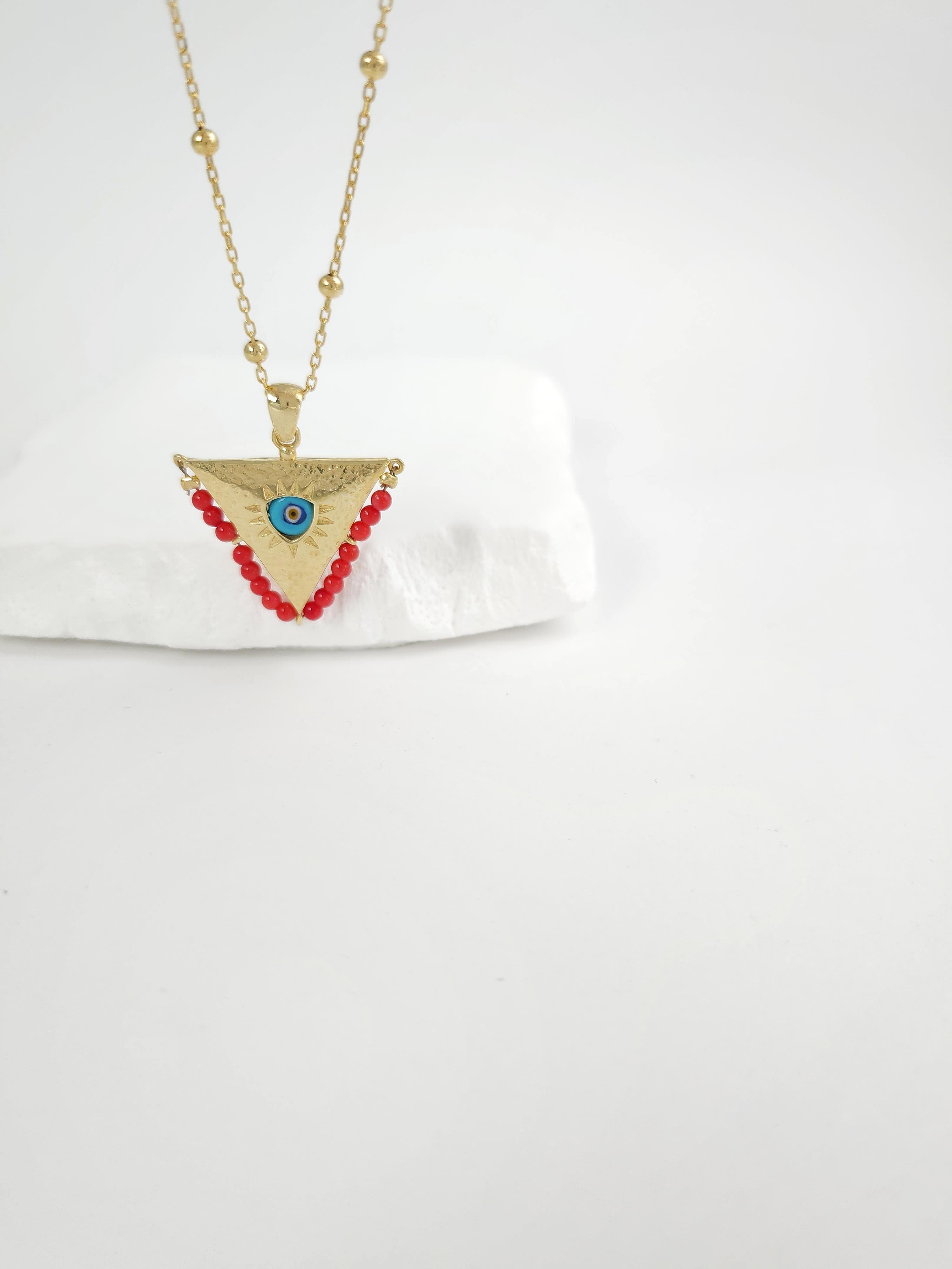 Topcuk Zincir Üçgen Nazar Göz Kolye