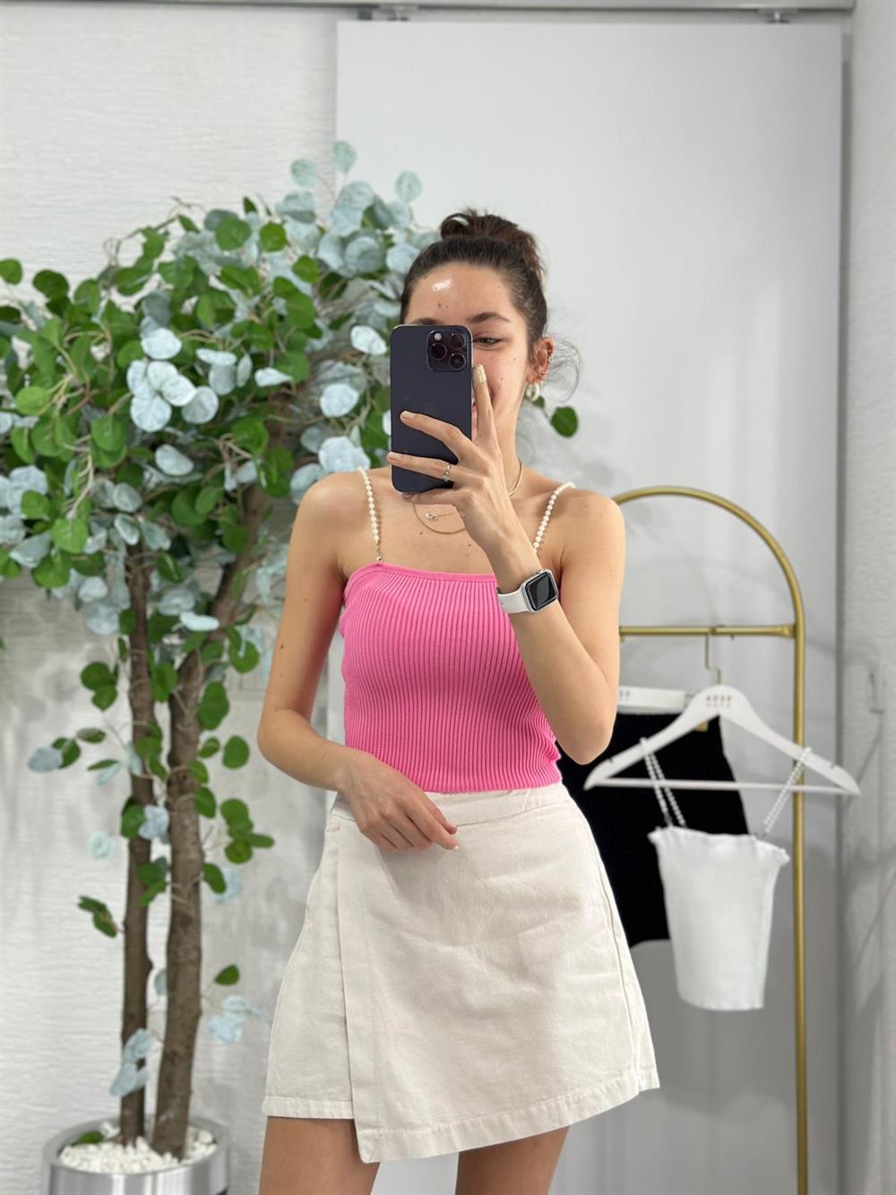 İNCİ DETAYLI PEMBE CROP