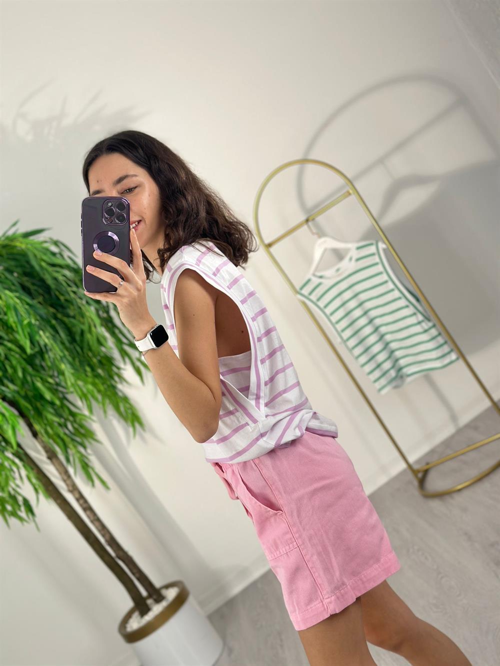 PEMBE ÇİZGİLİ KOLSUZ TSHİRT