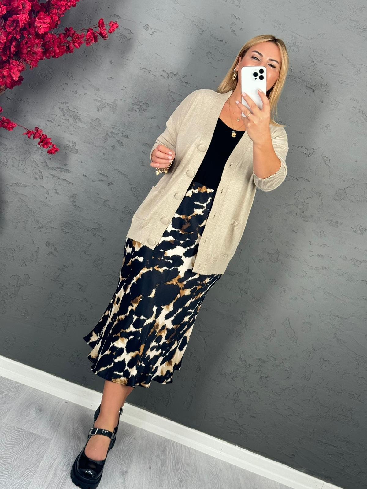 SİYAH KREM DESENLİ SATEN ETEK