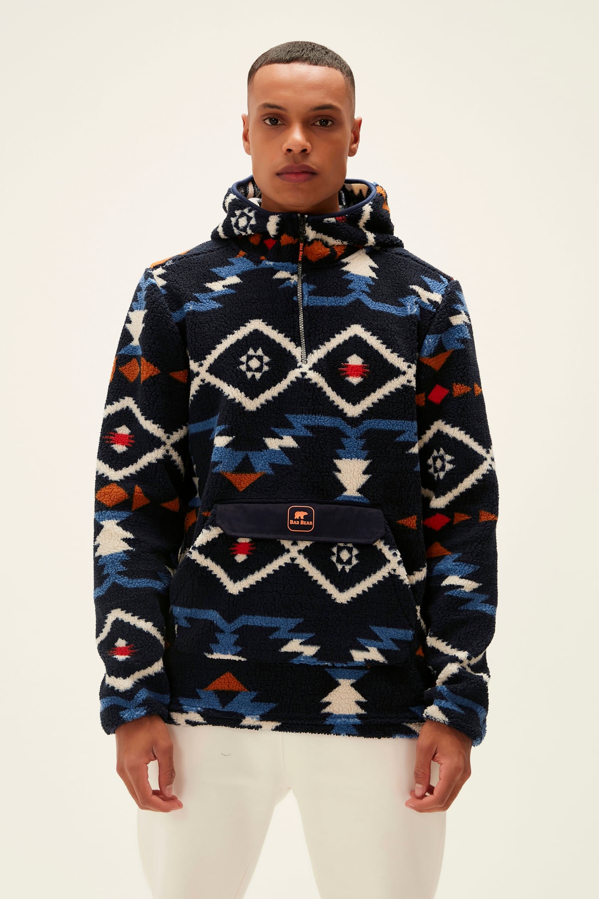 Bad Bear Erkek Lacivert Desenli Kapüşonlu ve Cepli Nomad Half-Zip Sweatshirt