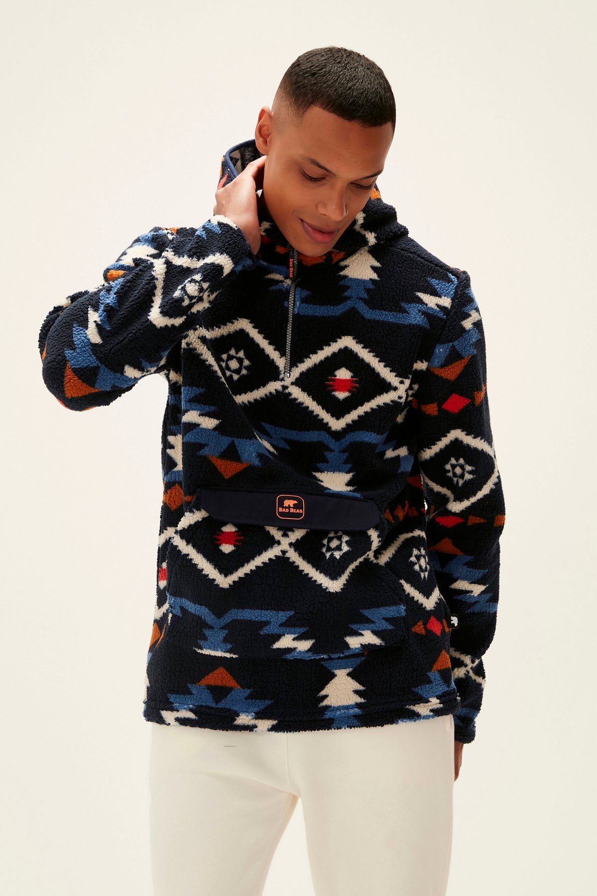 Bad Bear Erkek Lacivert Desenli Kapüşonlu ve Cepli Nomad Half-Zip Sweatshirt