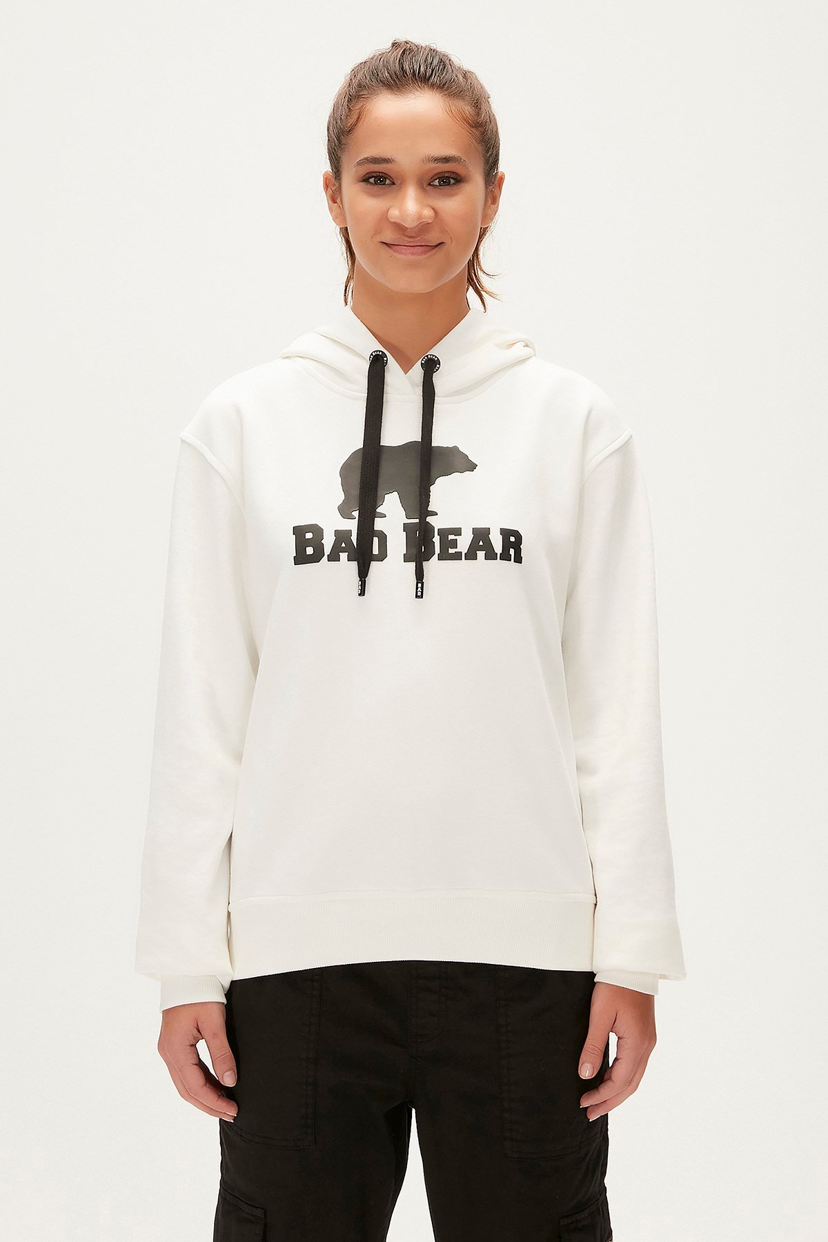 BAD BEAR Kadın Logo Off-White Kırık Beyaz Kapüşonlu Sweatshirt Hoodie