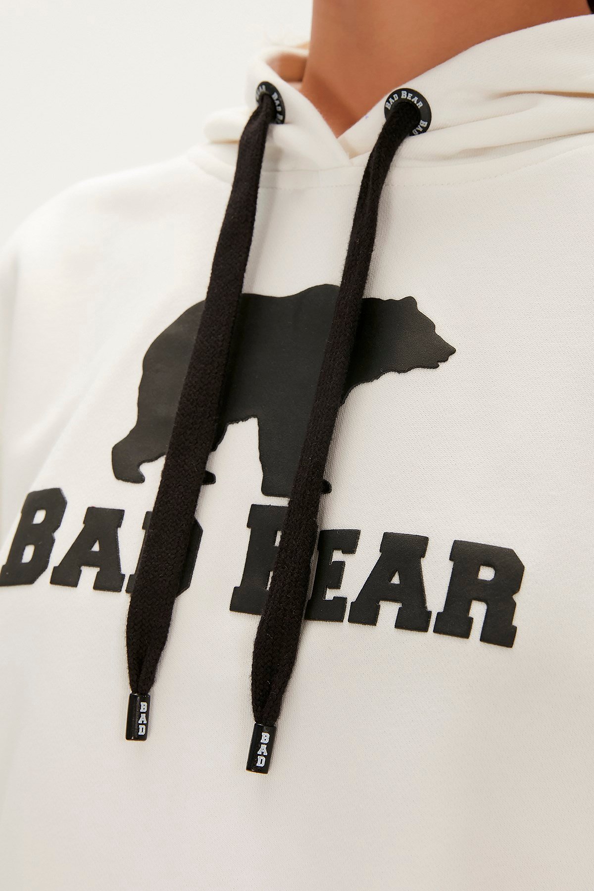 BAD BEAR Kadın Logo Off-White Kırık Beyaz Kapüşonlu Sweatshirt Hoodie