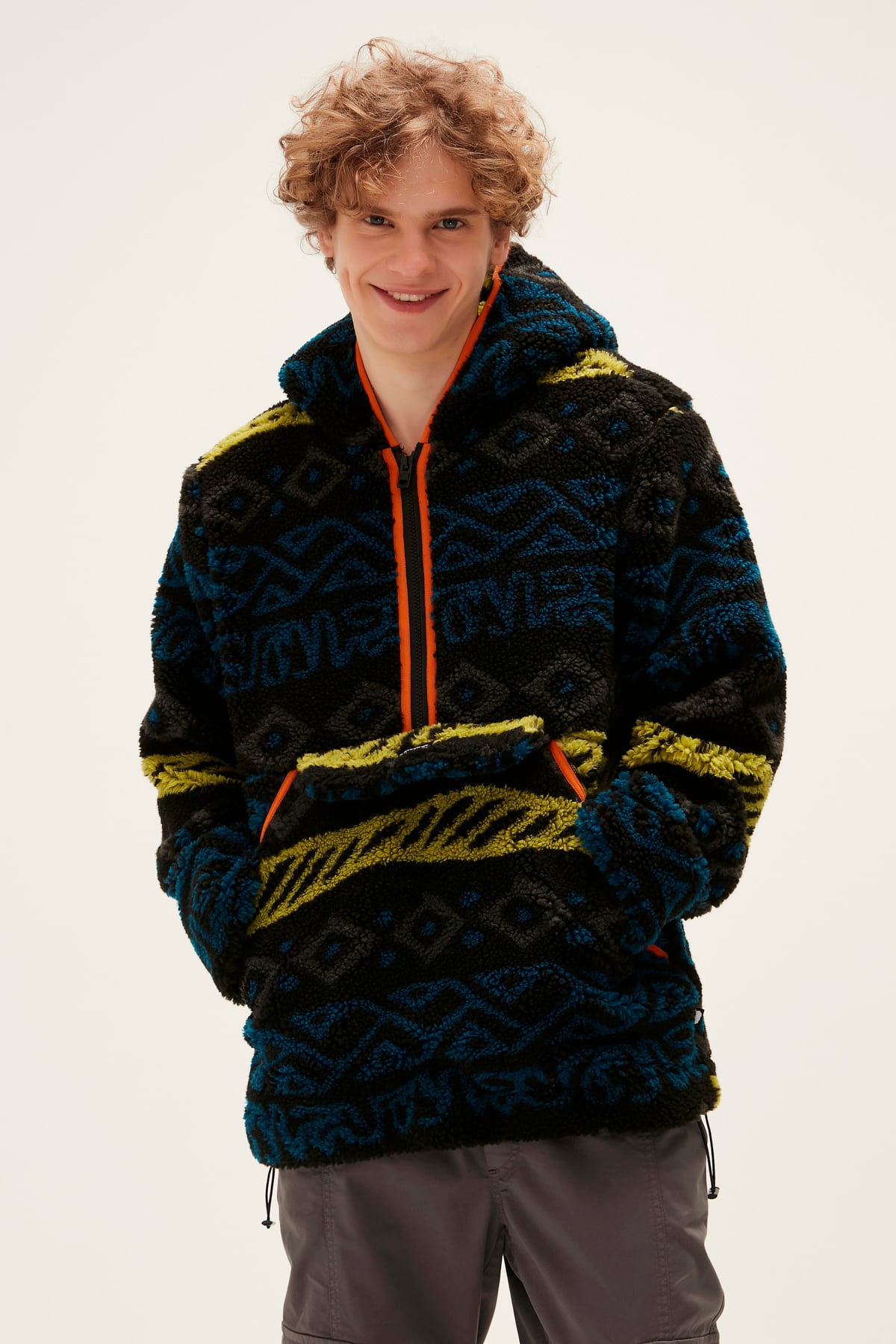 Beetle Plush Half-Zip Hoodie Siyah Peluş Kanguru Cep Erkek