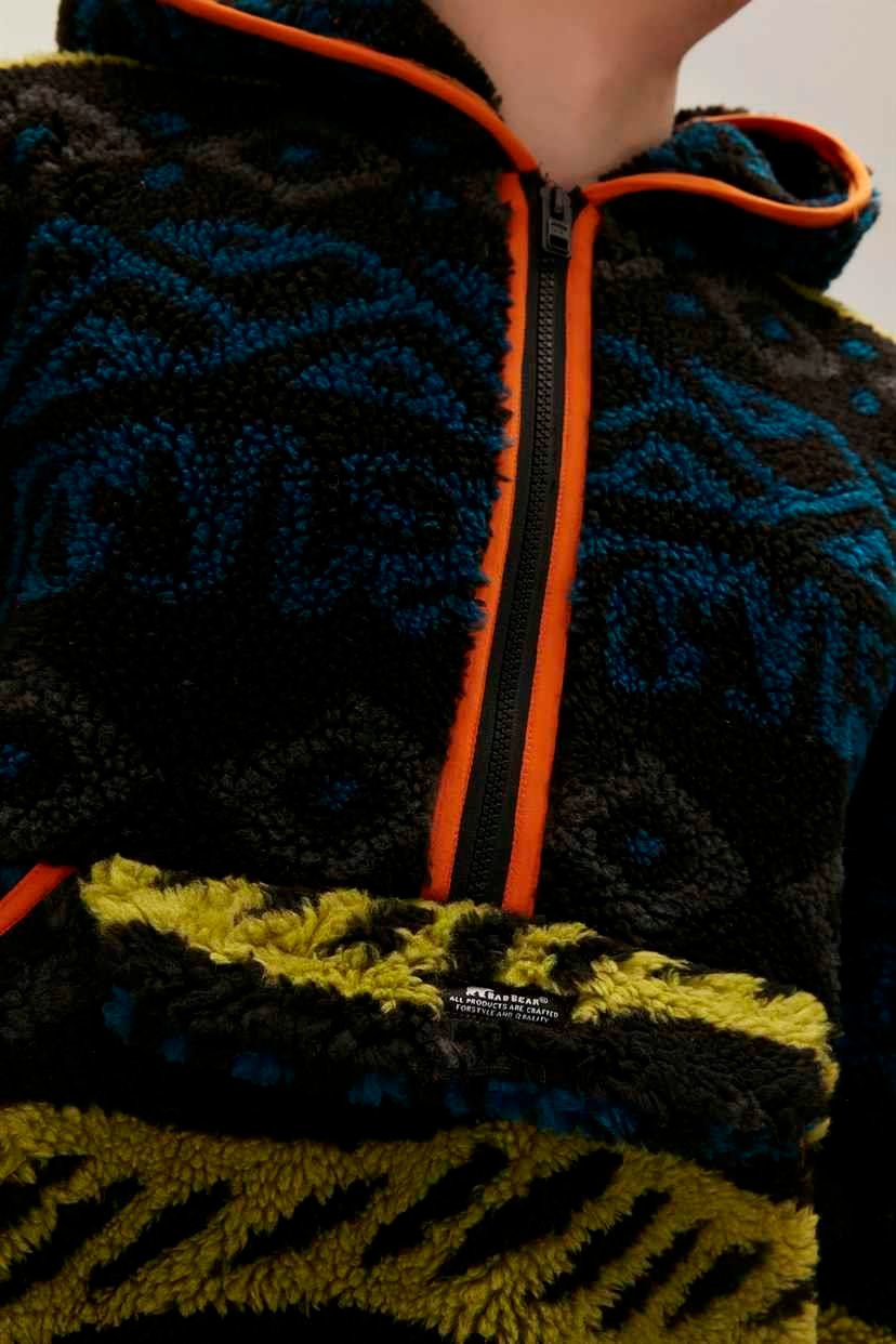 Beetle Plush Half-Zip Hoodie Siyah Peluş Kanguru Cep Erkek Kapüşonlu Sweatshirt