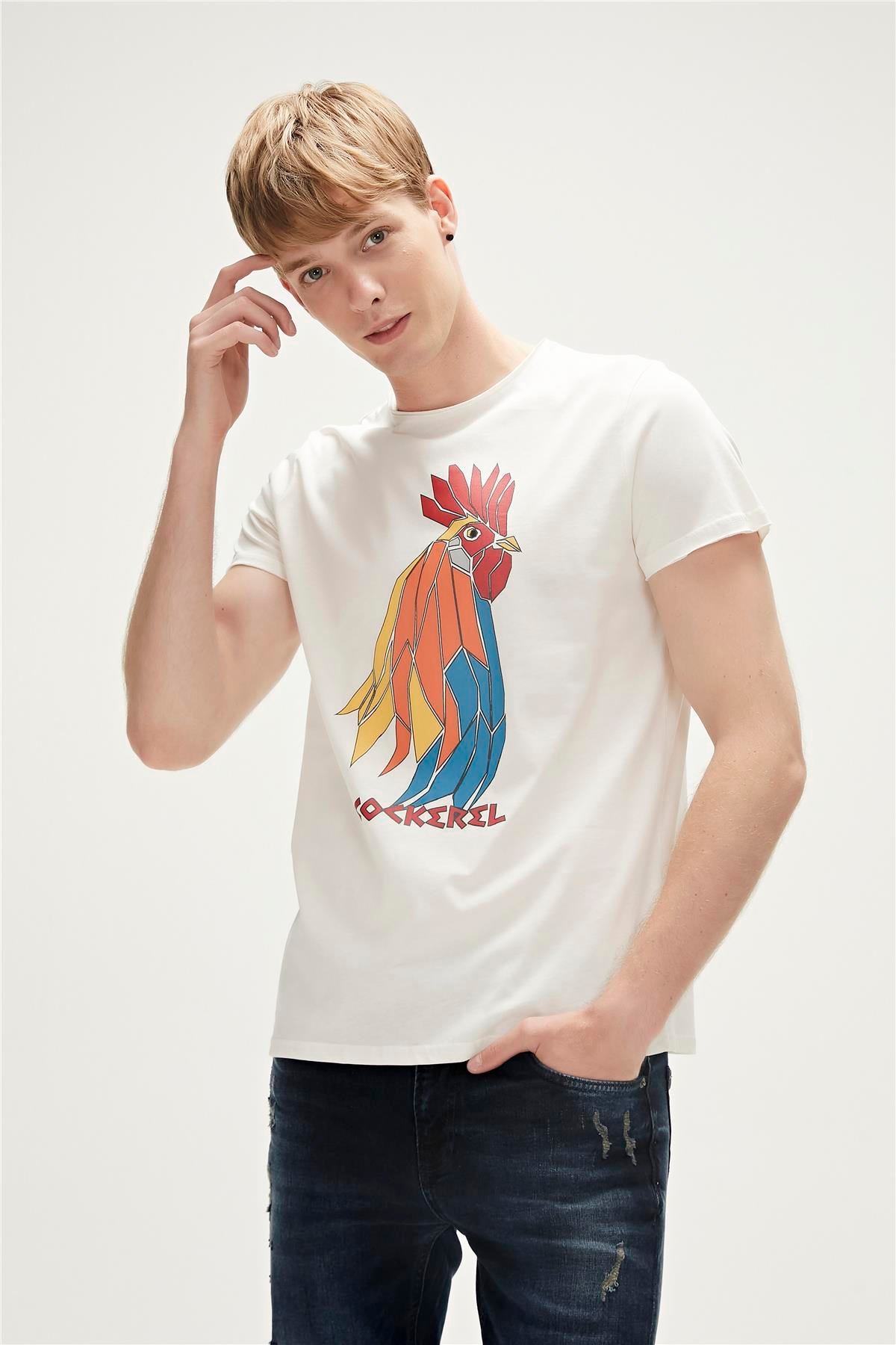 Cockerel T-Shirt Off-White Beyaz Baskılı Erkek Tişört 