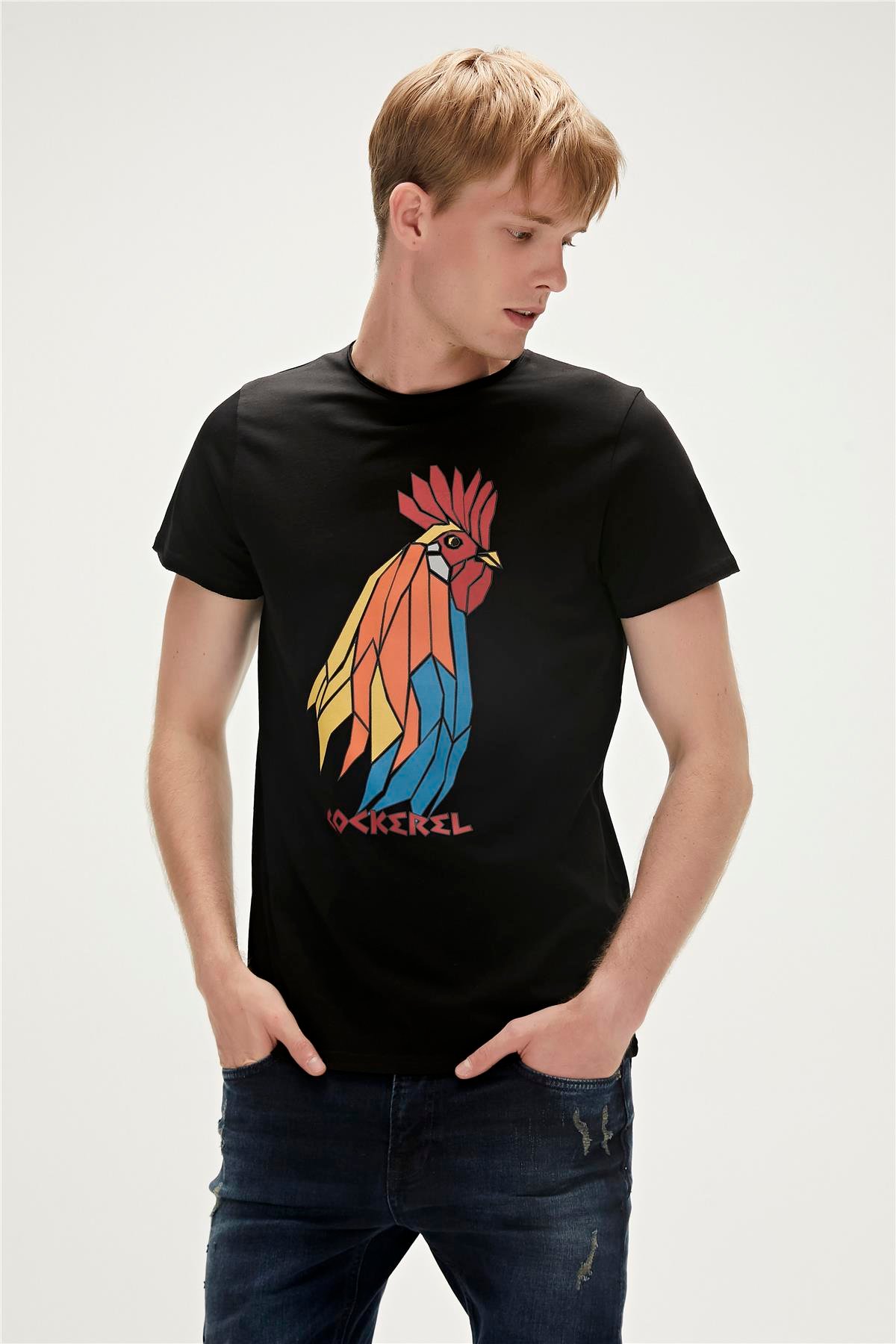 Cockerel T-Shirt Siyah Baskılı Erkek Tişört 