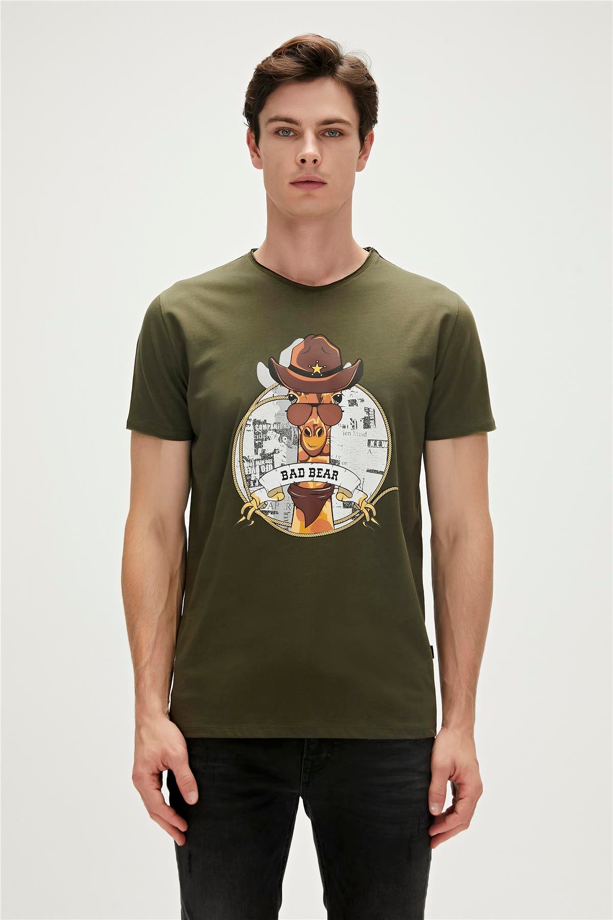 Giraffe T-Shirt Haki Yeşil Baskılı Erkek Tişört 