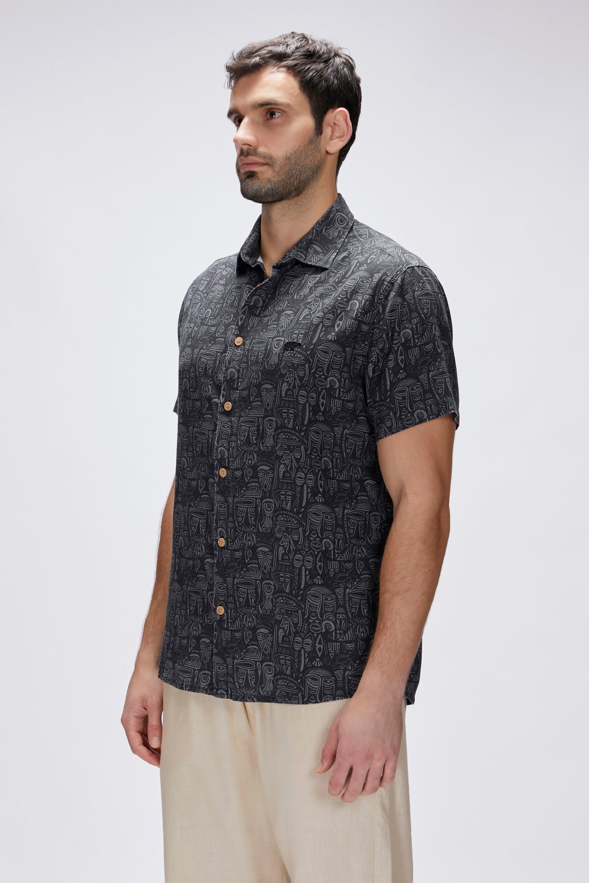 Merle Siyah Kısa Kollu Baskılı Erkek Gömlek