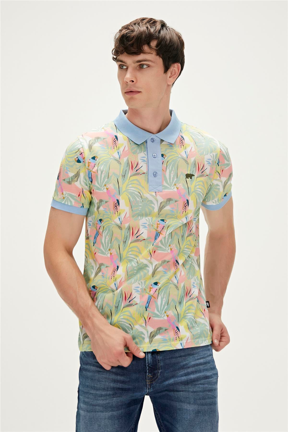 Parrot Gök Mavi Polo Yaka Desenli Erkek T-Shirt