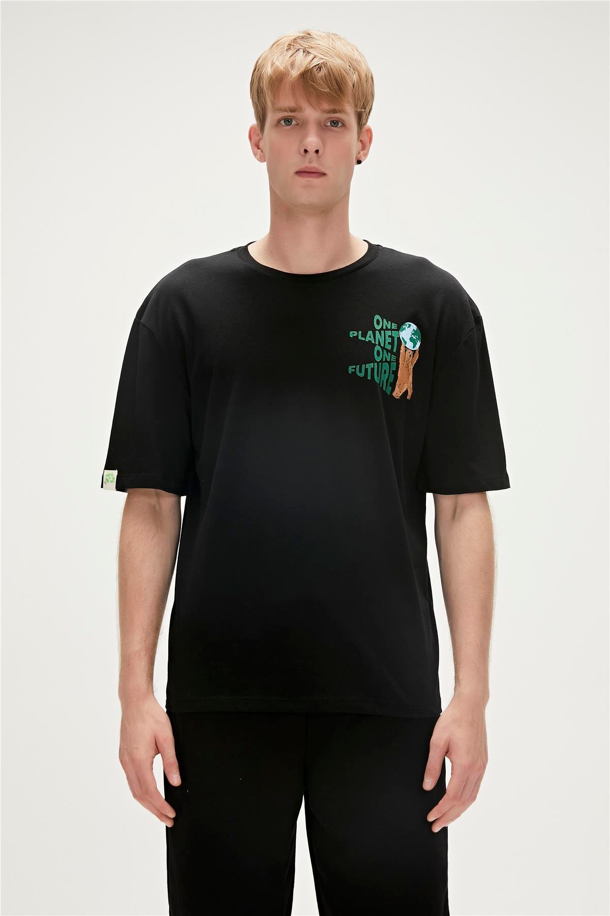 Re-Bear Recycle Siyah T-Shirt Baskılı Erkek Tişört 