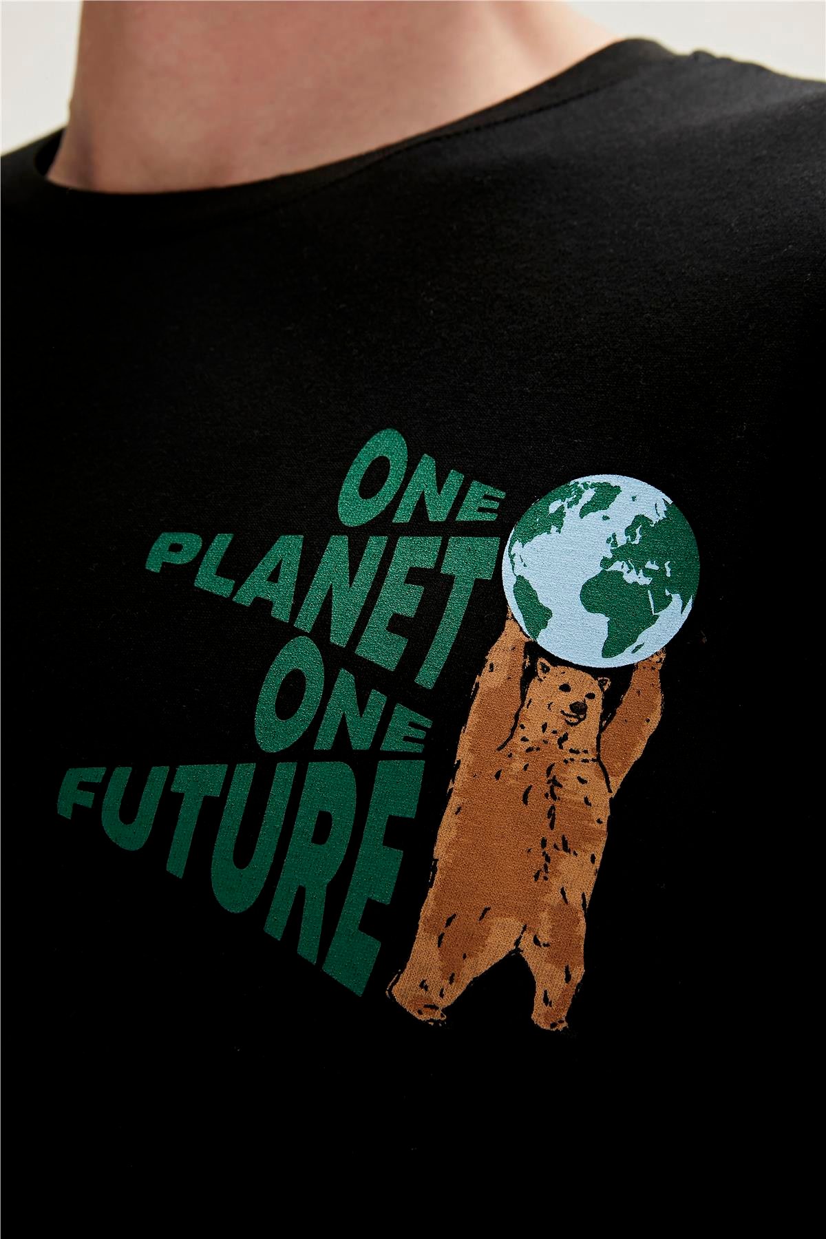 Re-Bear Recycle Siyah T-Shirt Baskılı Erkek Tişört 