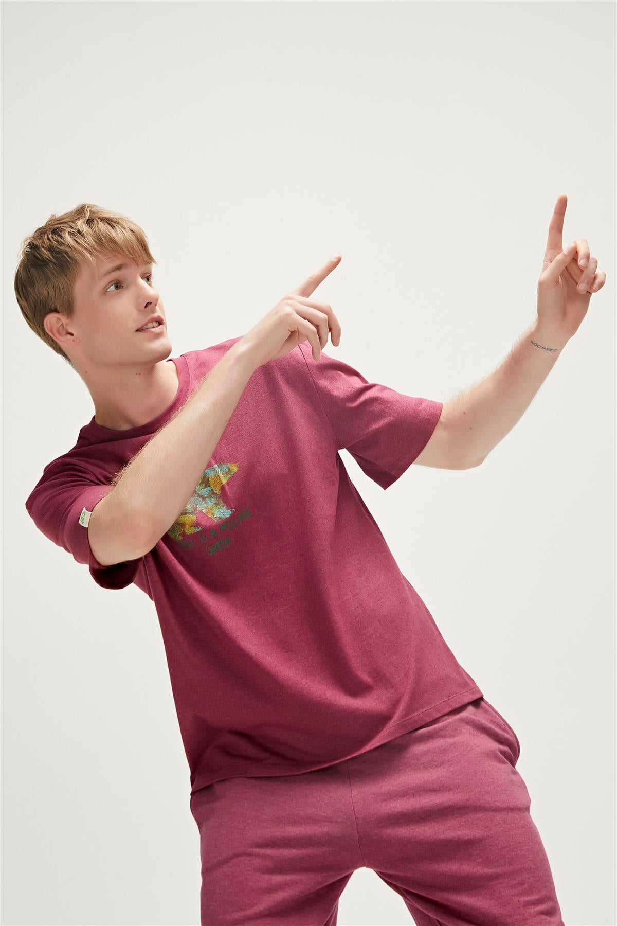 Re-Finger Recycle Bordo T-Shirt Baskılı Erkek Tişört