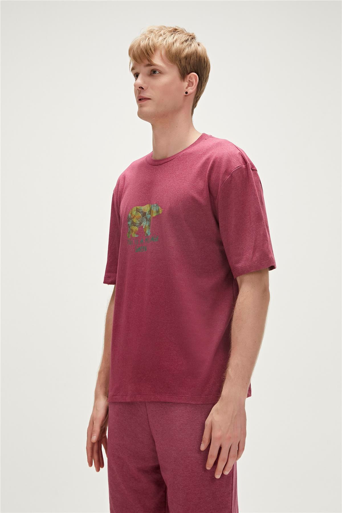 Re-Finger Recycle Bordo T-Shirt Baskılı Erkek Tişört