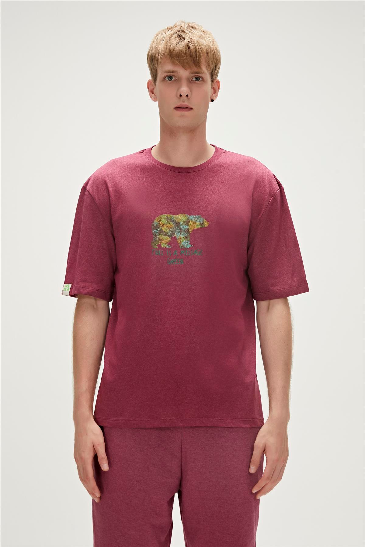 Re-Finger Recycle Bordo T-Shirt Baskılı Erkek Tişört