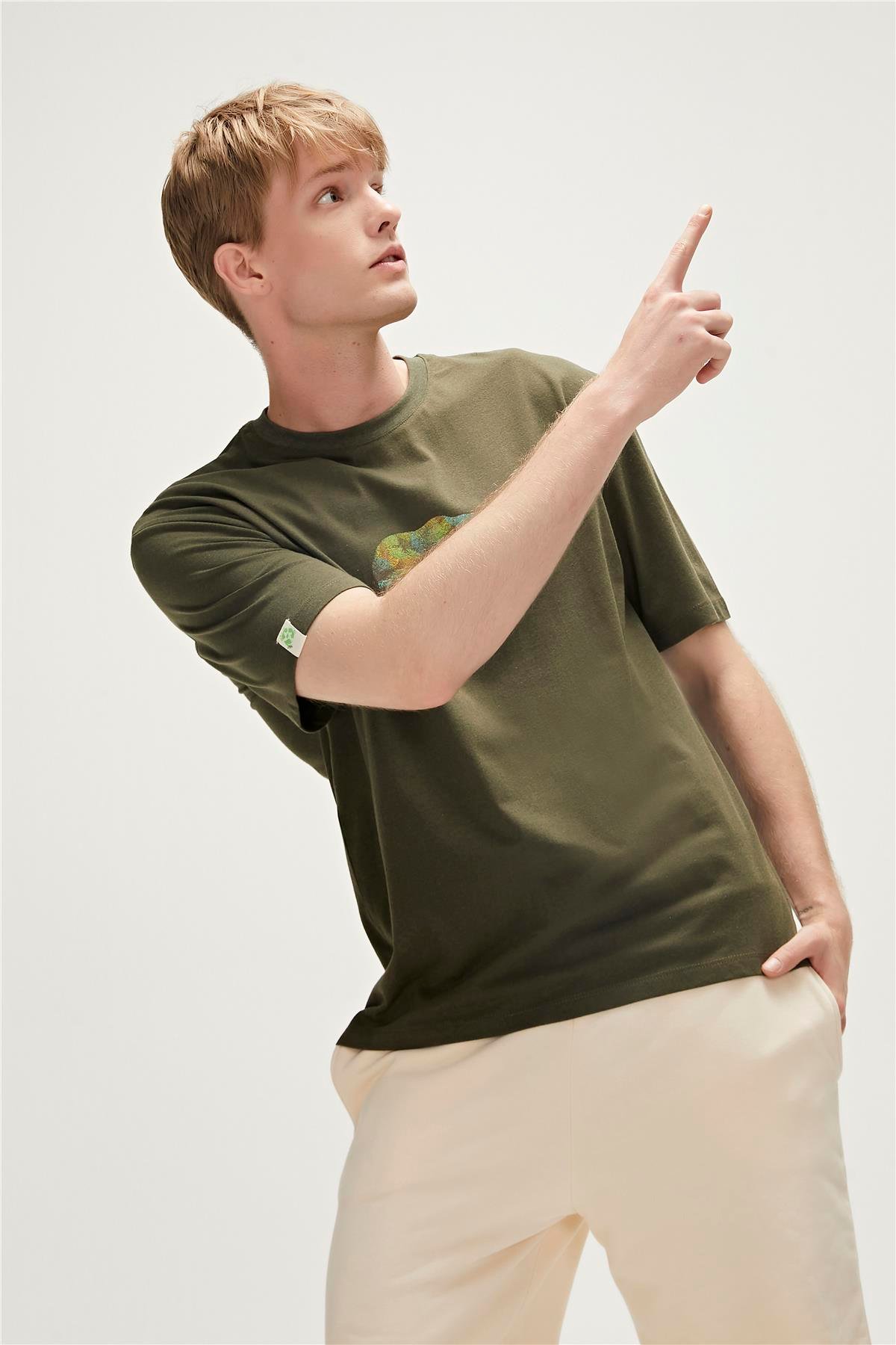 Re-Finger Recycle Haki Yeşil T-Shirt Baskılı Erkek Tişört