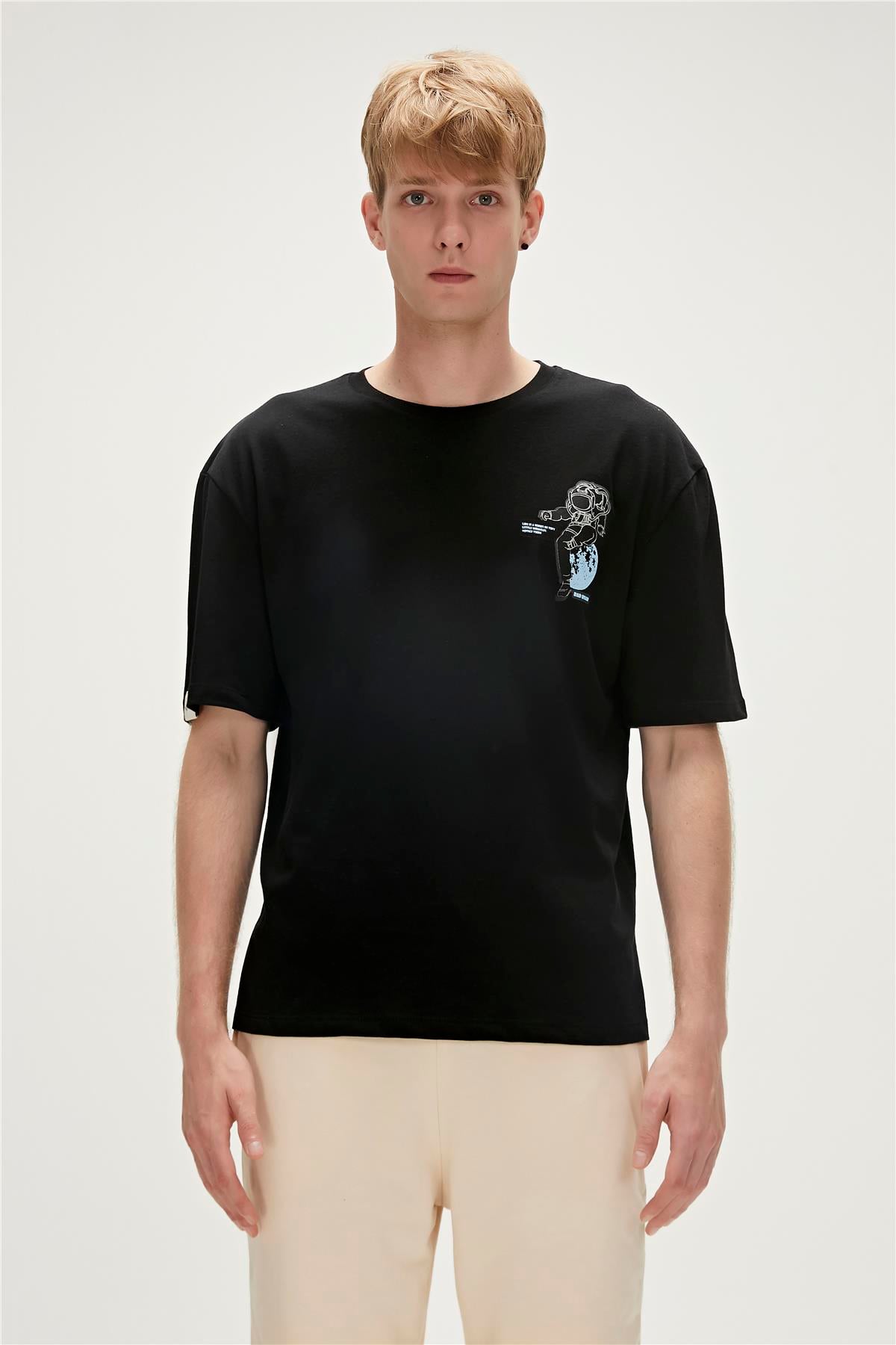 Re-Life Recycle Siyah T-Shirt Baskılı Erkek Tişört