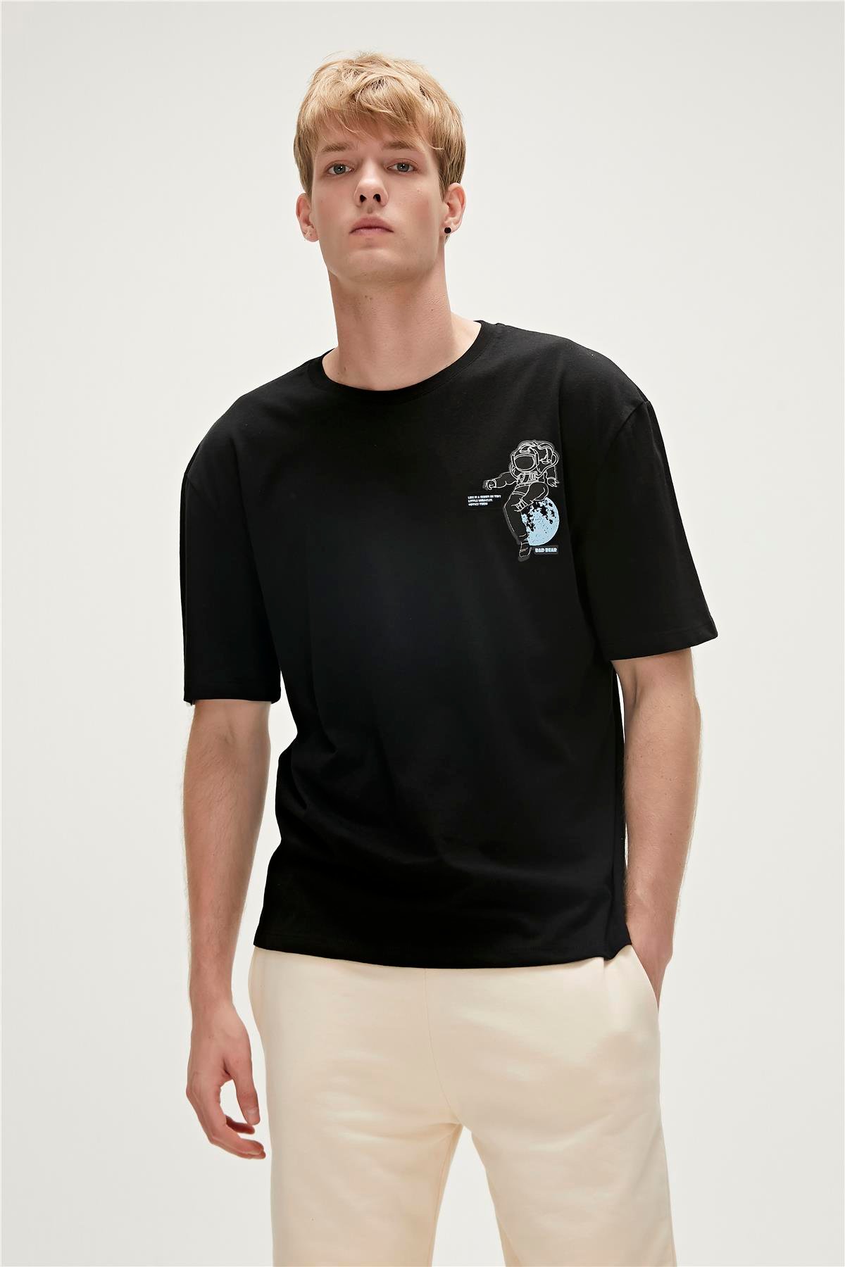 Re-Life Recycle Siyah T-Shirt Baskılı Erkek Tişört