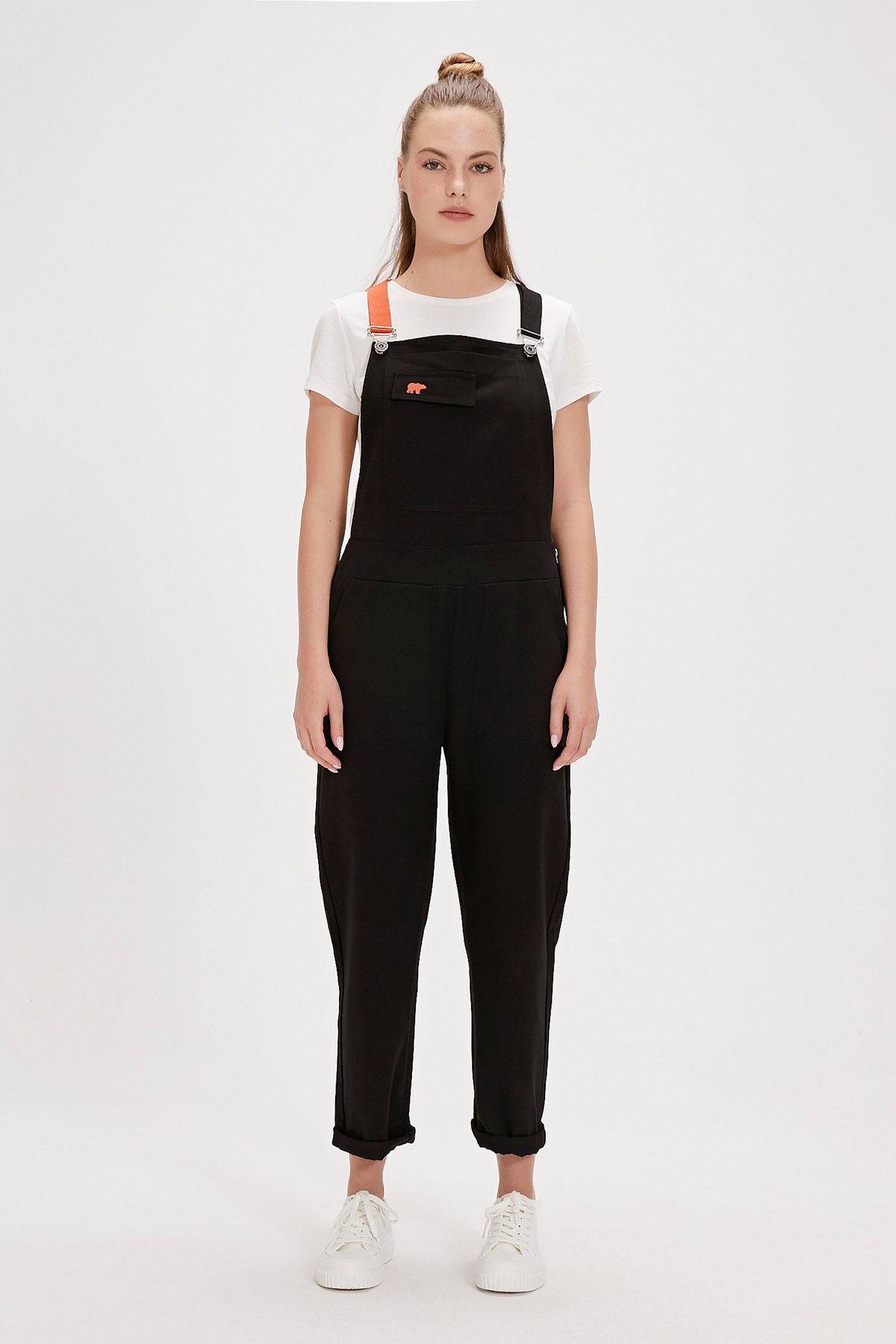 Taya Siyah Yandan Cepli Baskılı Kadın Tulum