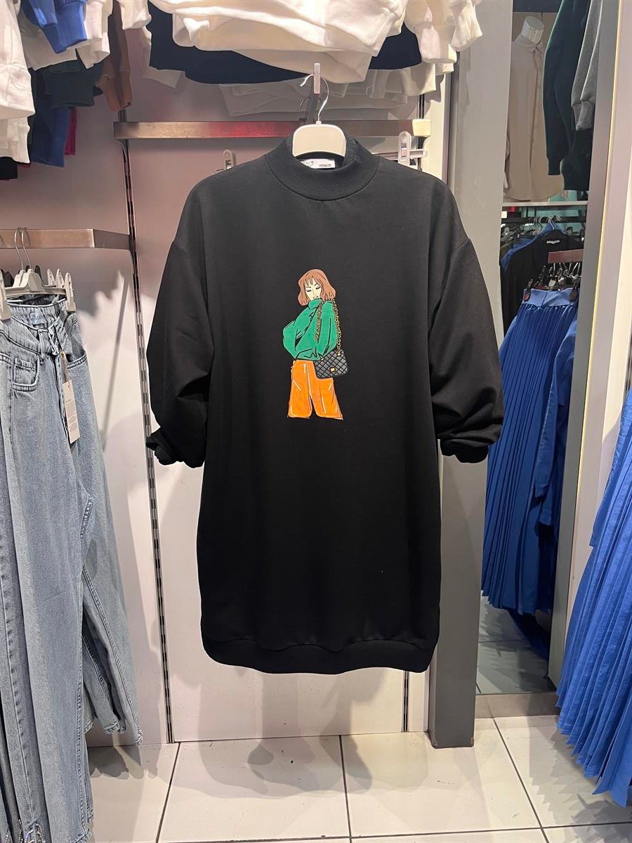 as kadın baskılı sweat siyah 