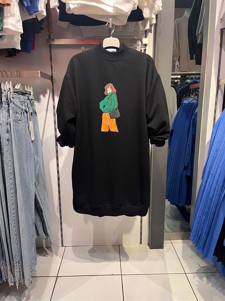as kadın baskılı sweat siyah 