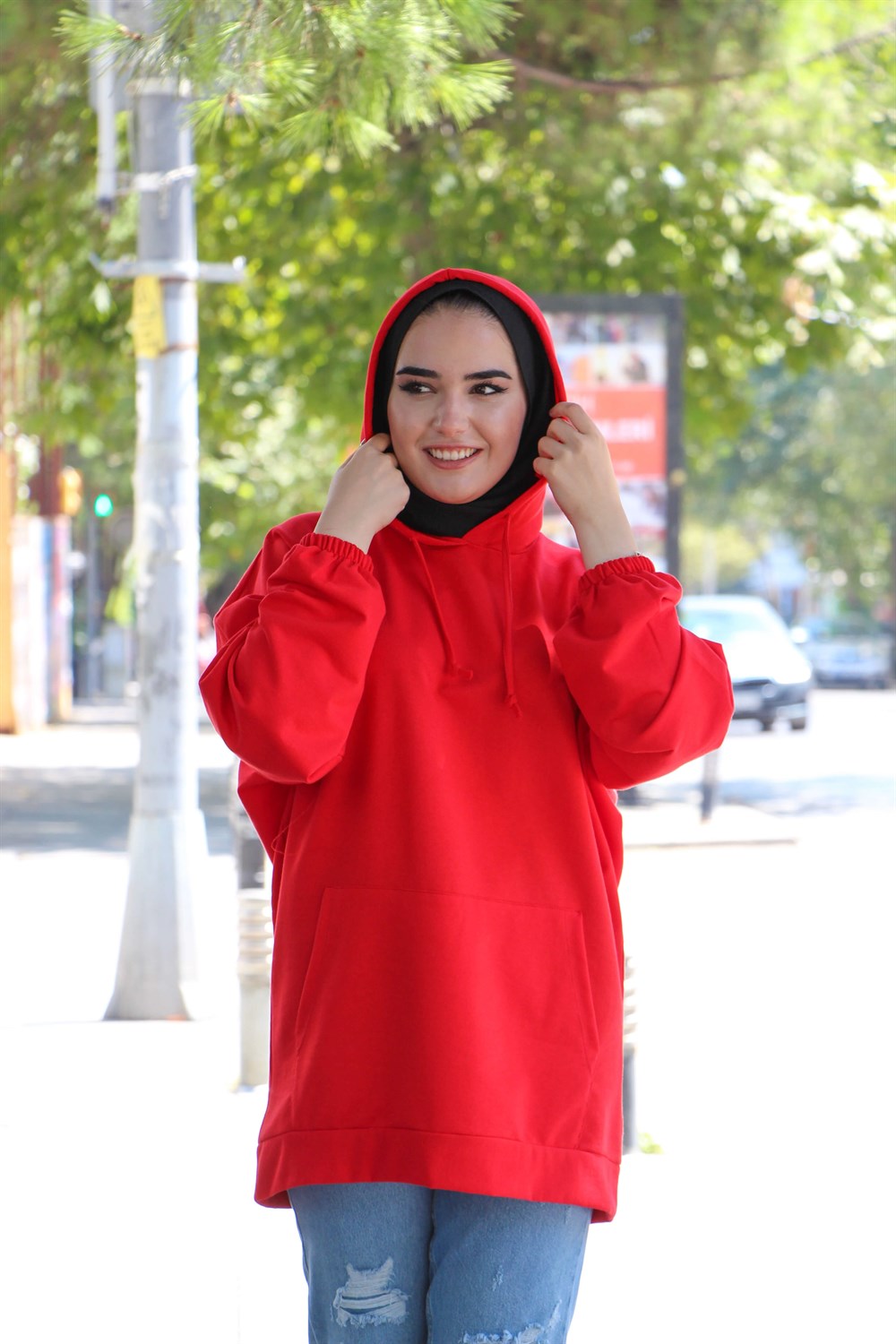 as kısa kanguru sweat kırmızı