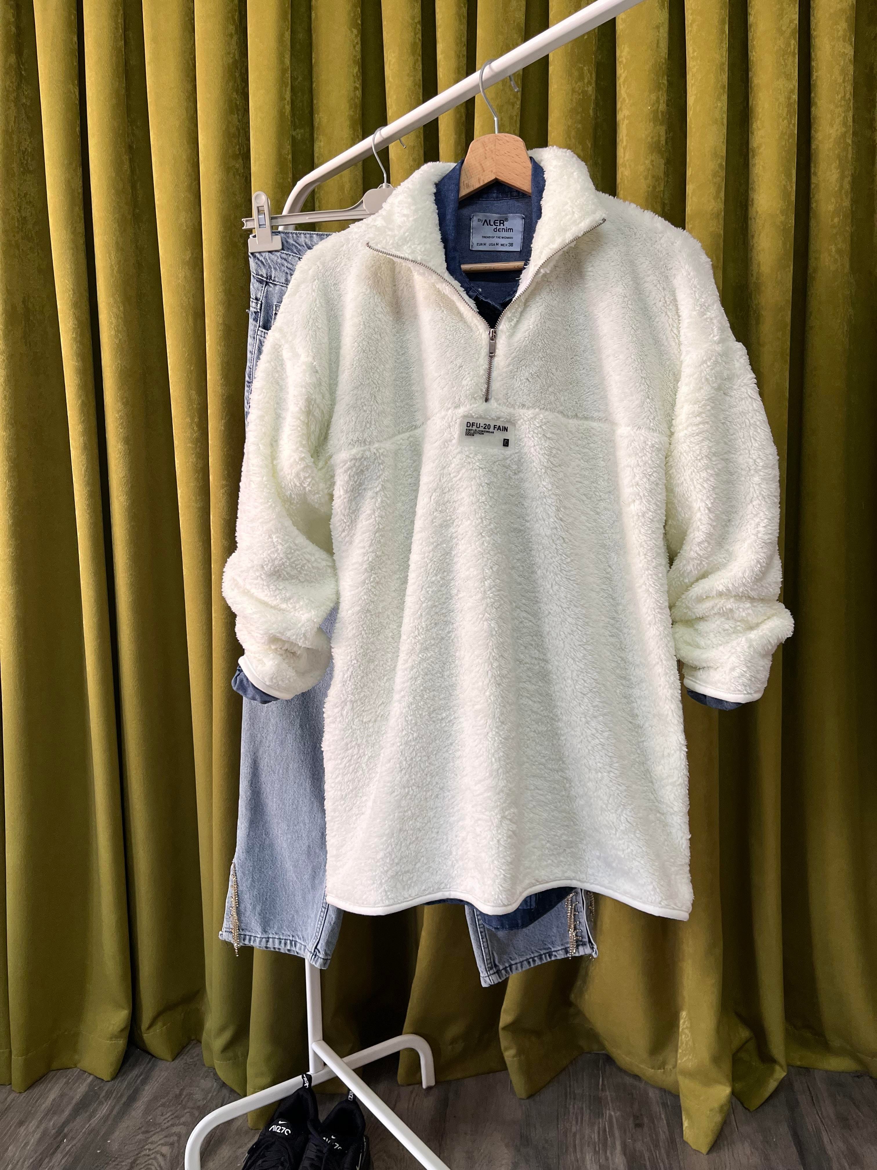 as peluş yarım fermuarı sweat beyaz